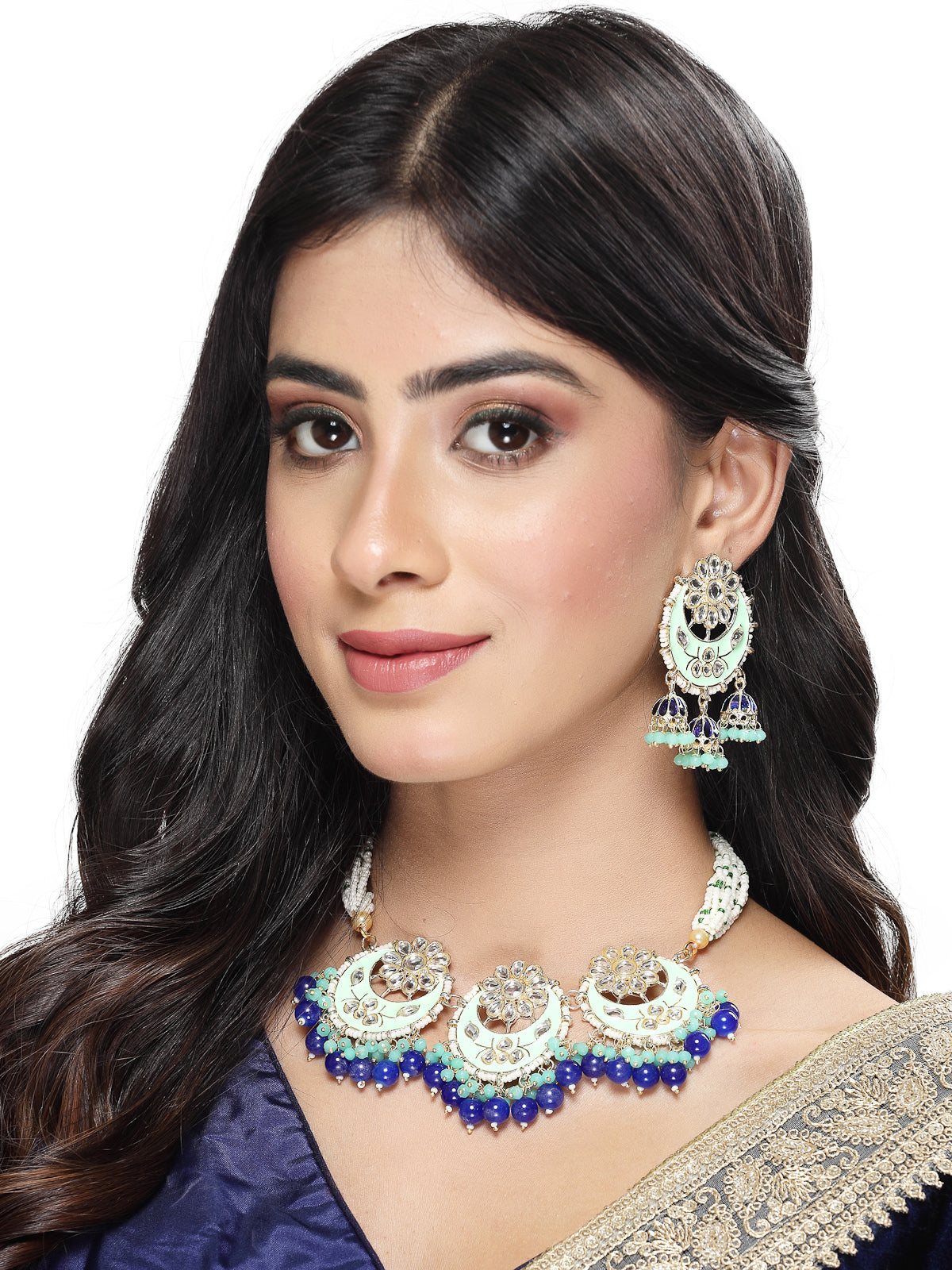 Studio Sukkhi Natural Gold Plated Blue Color Kundan & Beads Choker Necklace Set For Women NS105840