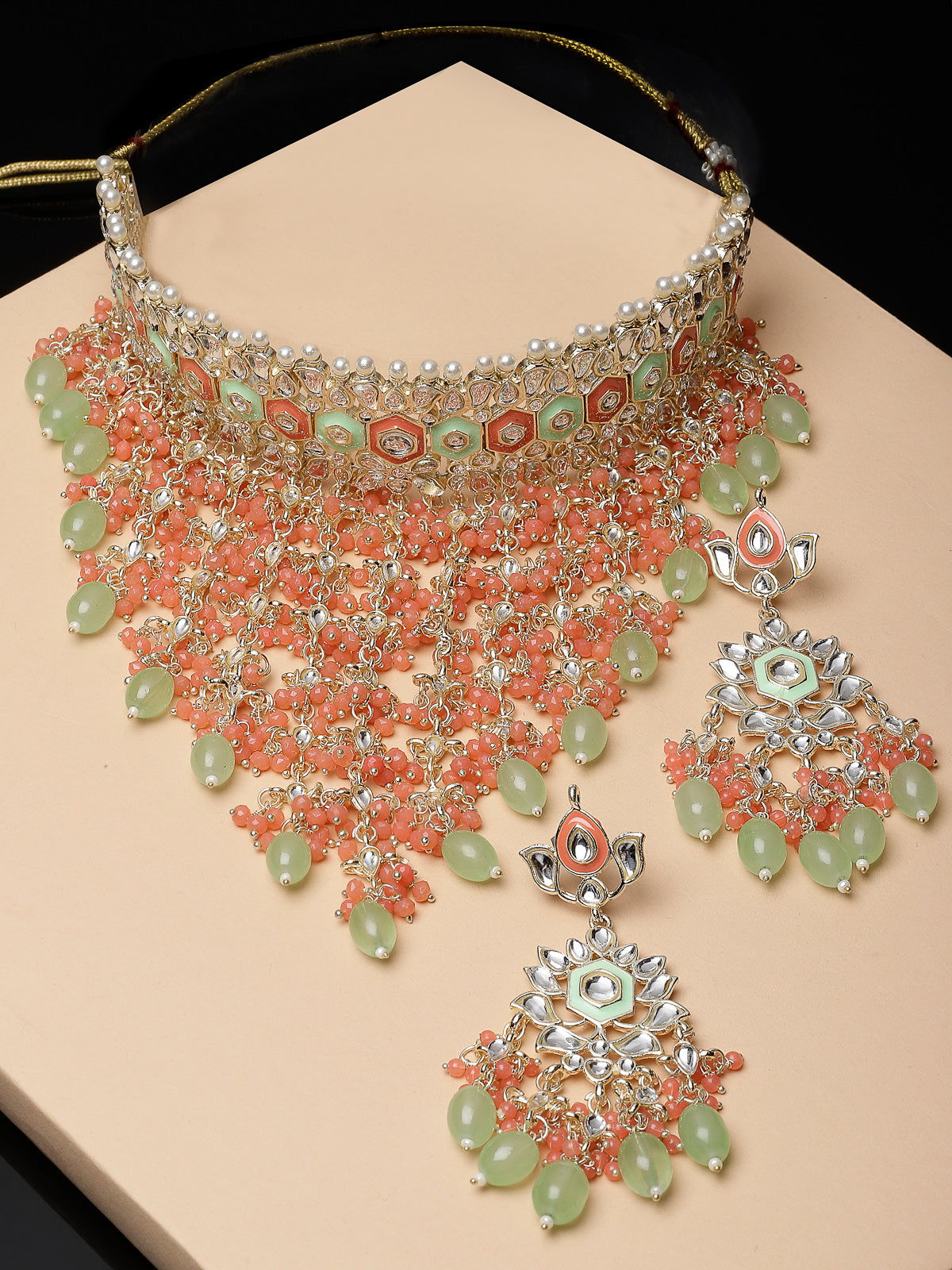 Studio Sukkhi Brilliant Gold Plated Red & Mint Green Kundan & Beads Choker Necklace Set For Women NS105841