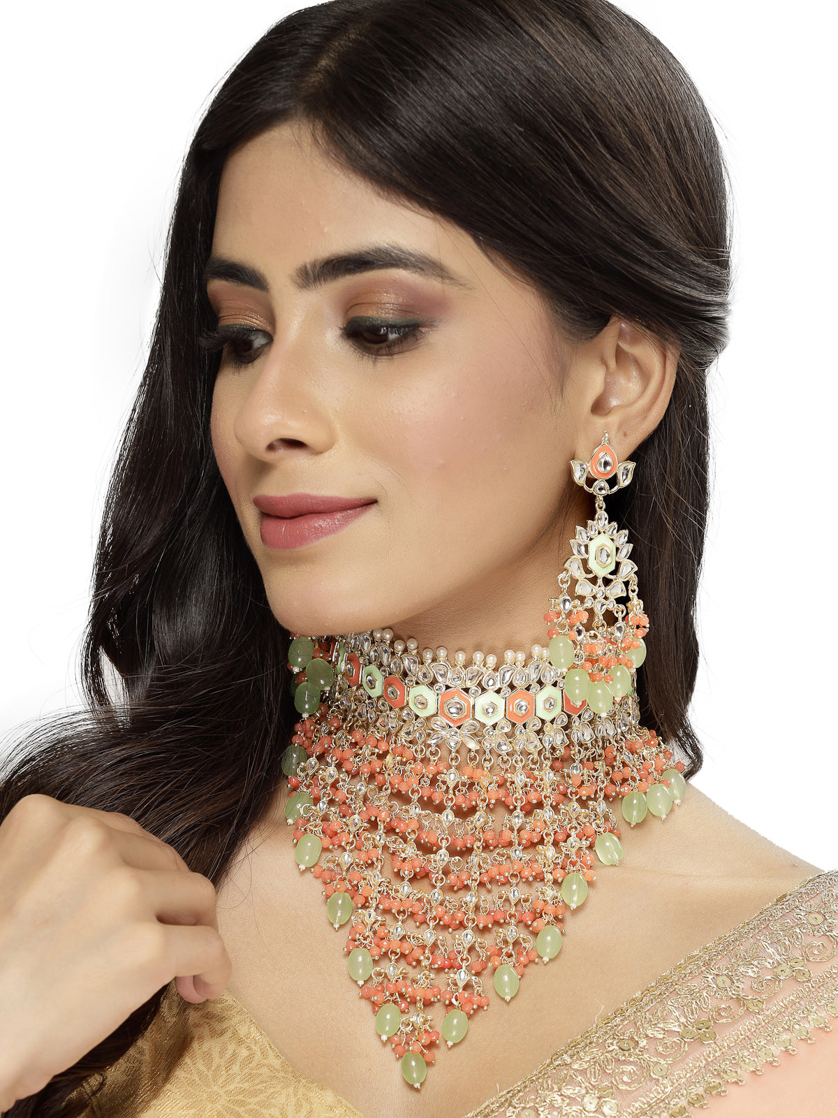 Studio Sukkhi Brilliant Gold Plated Red & Mint Green Kundan & Beads Choker Necklace Set For Women NS105841