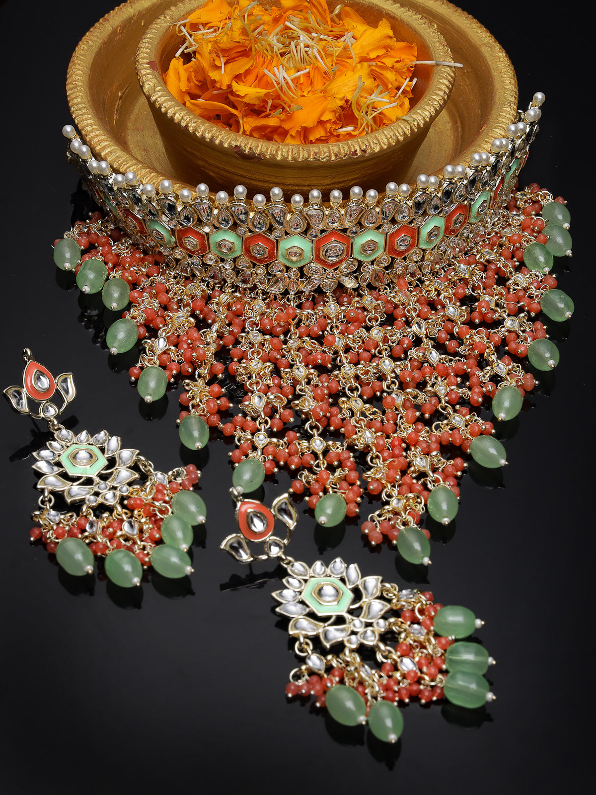 Studio Sukkhi Brilliant Gold Plated Red & Mint Green Kundan & Beads Choker Necklace Set For Women NS105841
