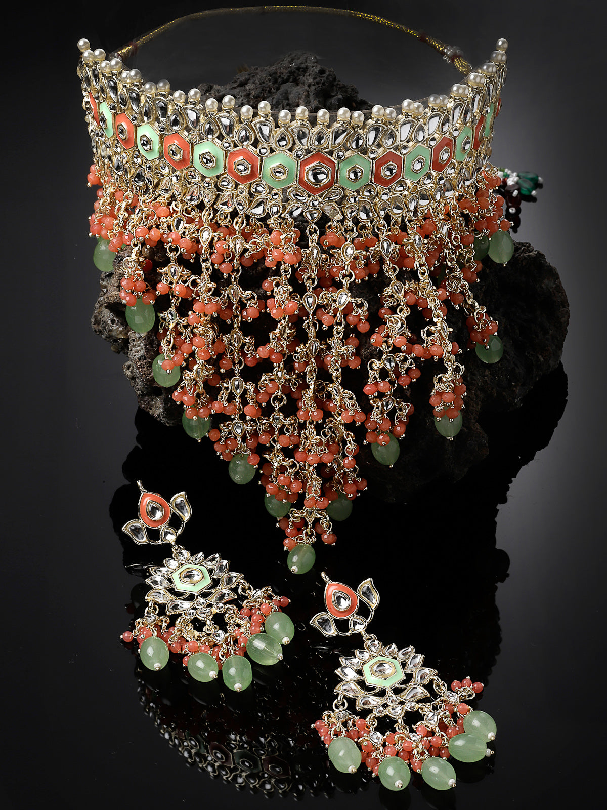 Studio Sukkhi Brilliant Gold Plated Red & Mint Green Kundan & Beads Choker Necklace Set For Women NS105841