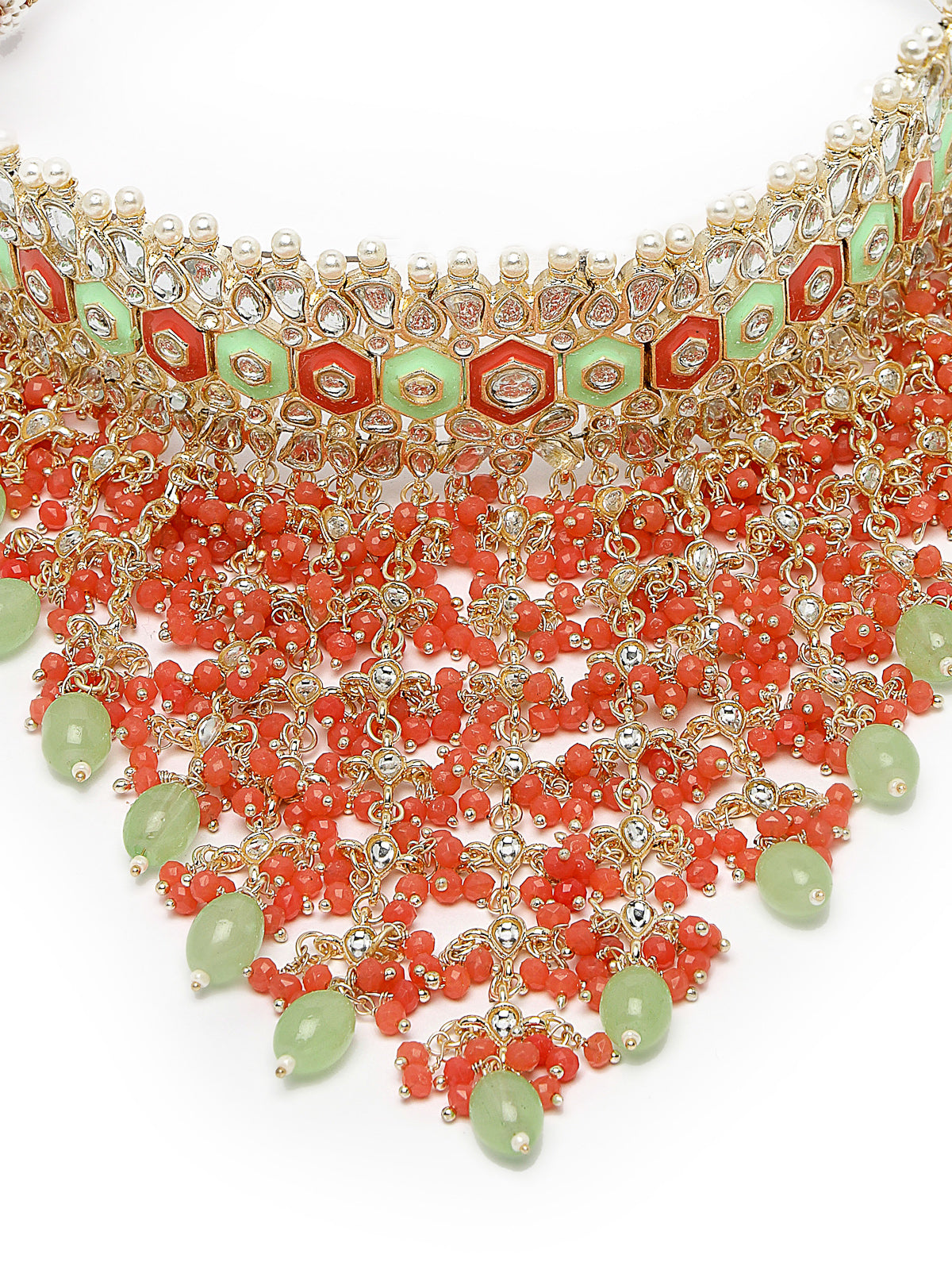 Studio Sukkhi Brilliant Gold Plated Red & Mint Green Kundan & Beads Choker Necklace Set For Women NS105841