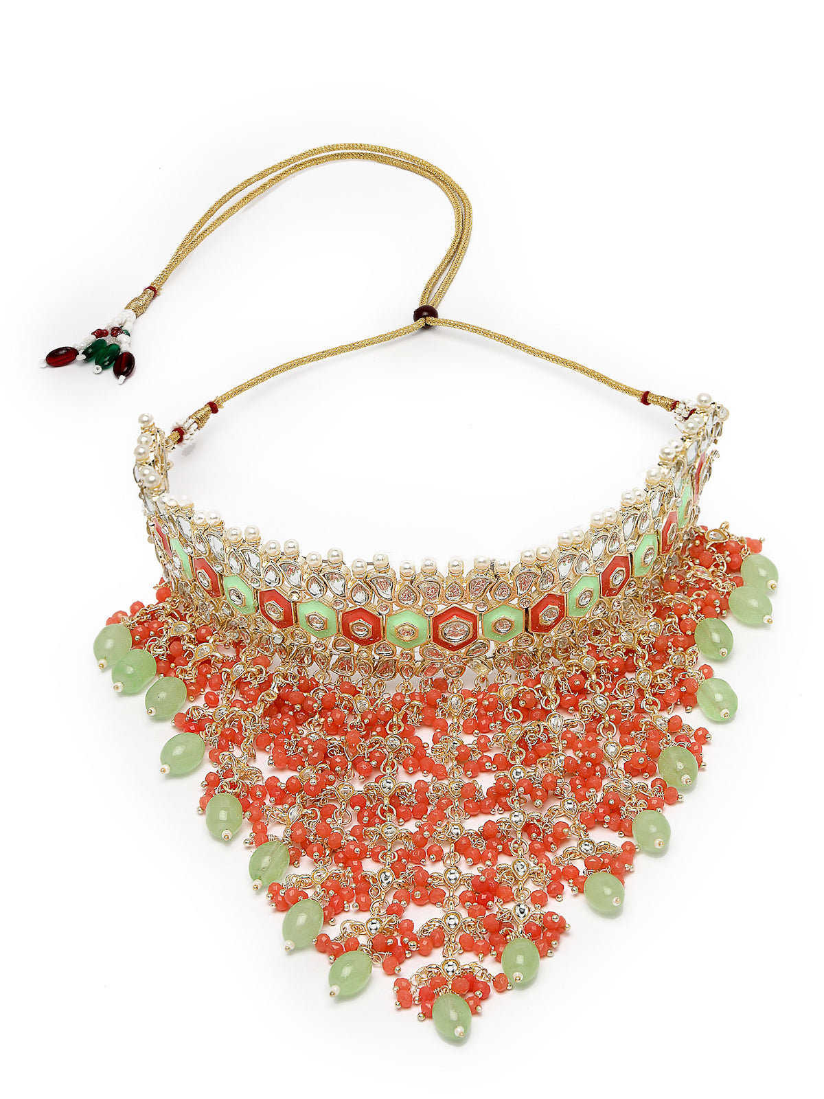 Studio Sukkhi Brilliant Gold Plated Red & Mint Green Kundan & Beads Choker Necklace Set For Women NS105841