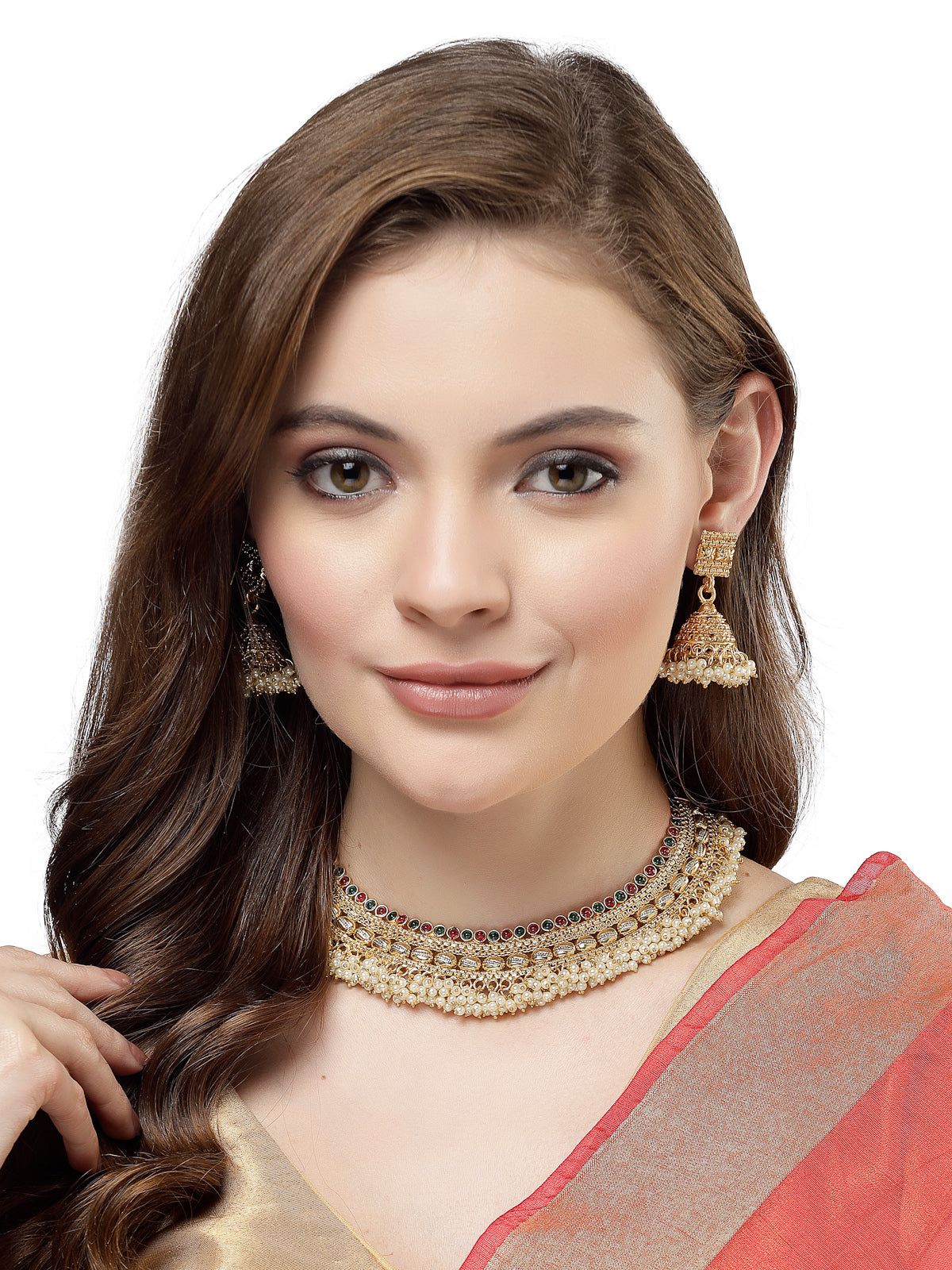 Sukkhi Indian Bridal Gold Plated White Beadded Red Green Colour Choker Necklace Set with Jhumki/Jhumka Earrings Jewellery Set for Women & Girls|Set of 1|NS105847