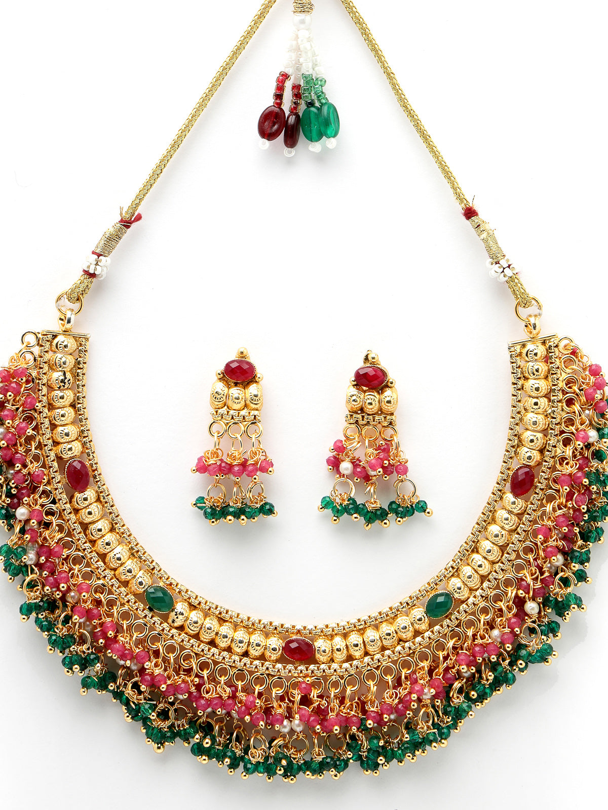 Sukkhi Traditional Classic Gold Plated Red Green Beadded Gold Choker Necklace Set with Dangler Earrings Jewellery Set for Women & Girls|Set of 1|NS105848