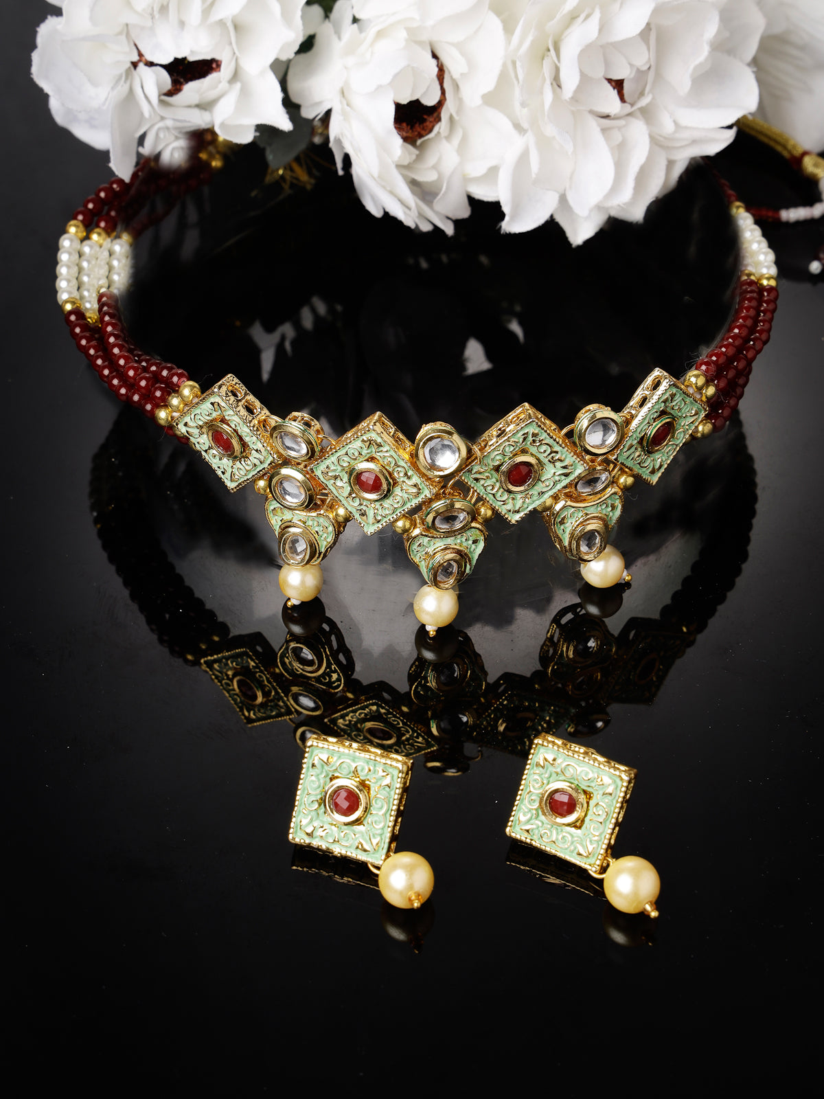 Sukkhi Eye-Catchy Multistrand Gold Plated Polki Kundan & Faux Beads Meenakari Worked Maroon Choker Necklace Set With Studs Earrings | Jewellery Set For Women And Girls | Latest Design|NS105971