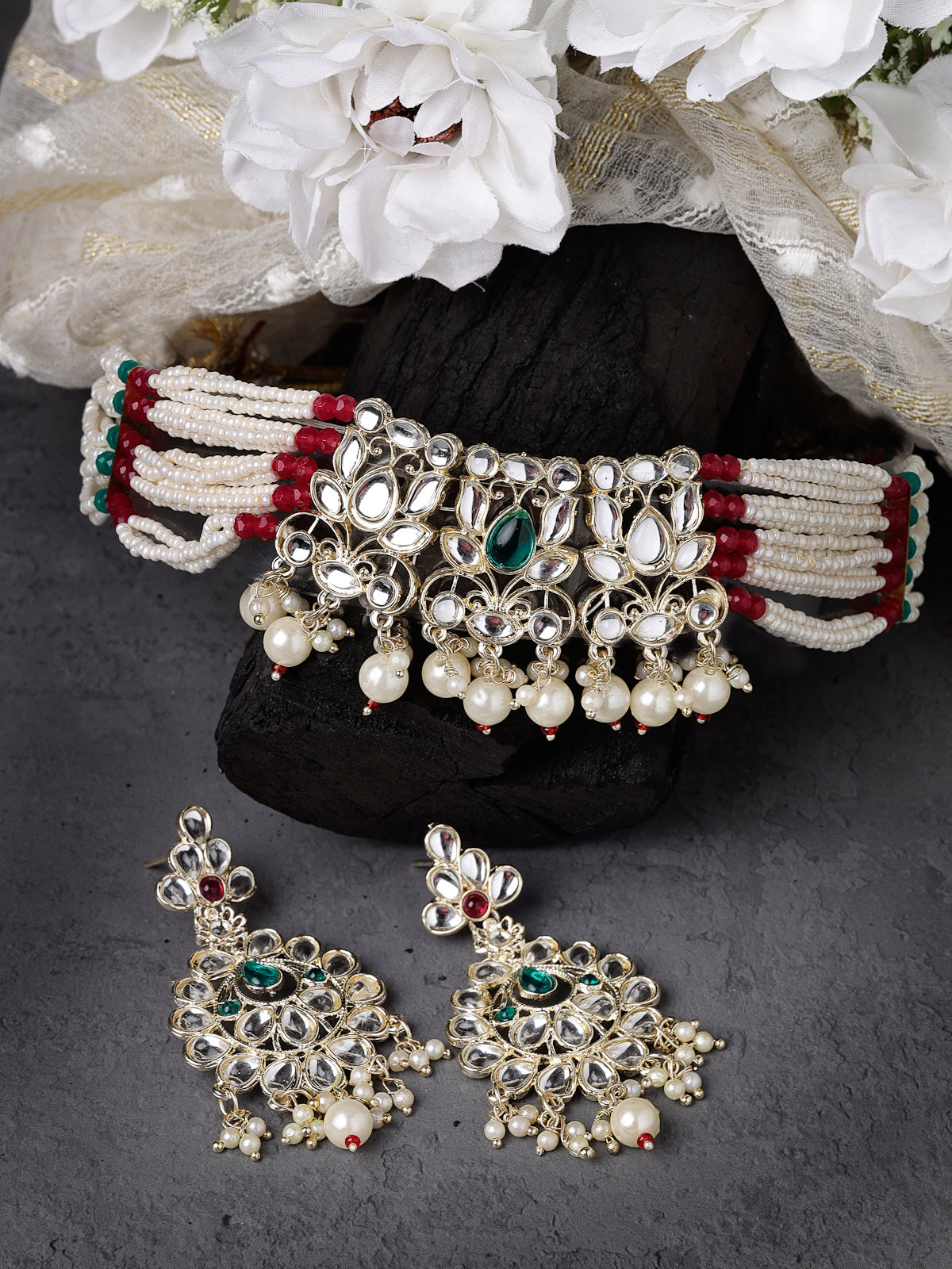 Sukkhi Trendy Traditioanal Multistrand Gold Plated AD Stones With Faux Beads Studded Multiclor Choker Necklace Set With Dangler Earrings | Jewellery Set For Women And Girls | Latest Design|NS105975