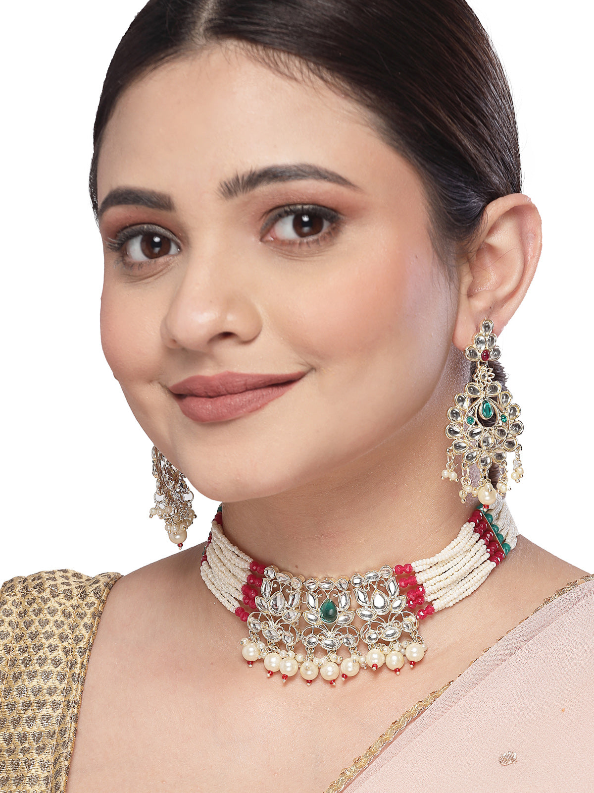 Sukkhi Trendy Traditioanal Multistrand Gold Plated AD Stones With Faux Beads Studded Multiclor Choker Necklace Set With Dangler Earrings | Jewellery Set For Women And Girls | Latest Design|NS105975