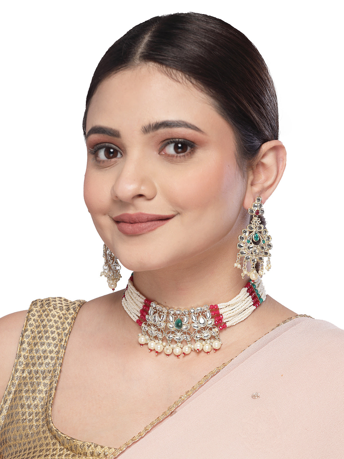Sukkhi Trendy Traditioanal Multistrand Gold Plated AD Stones With Faux Beads Studded Multiclor Choker Necklace Set With Dangler Earrings | Jewellery Set For Women And Girls | Latest Design|NS105975