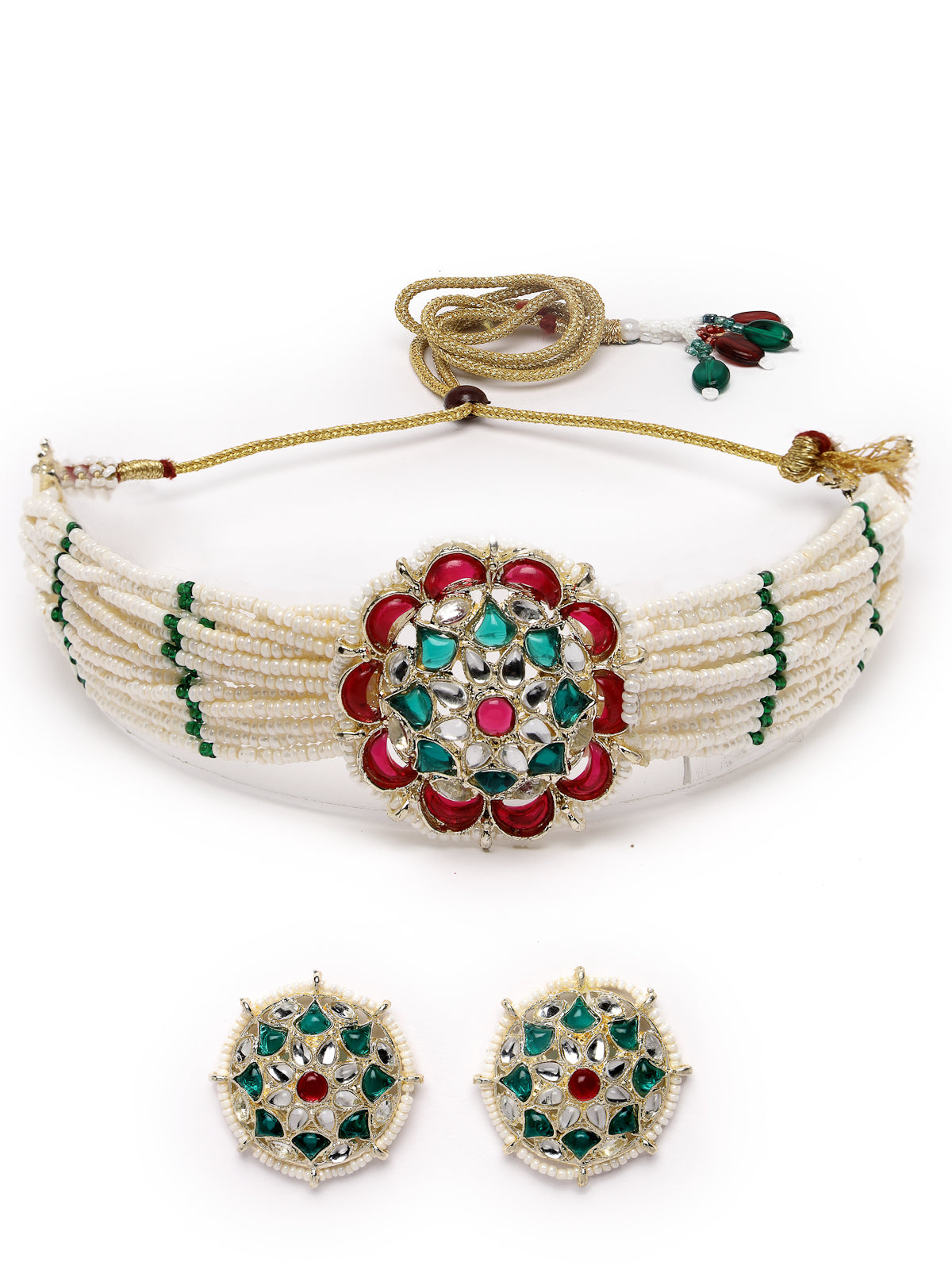 Sukkhi Classical Floral Multistrand Gold Plated Faux Beads with Meenakari Worked Multicolor Choker Necklace Set With Studs Earrings | Jewellery Set For Women And Girls | Latest Design|NS105977