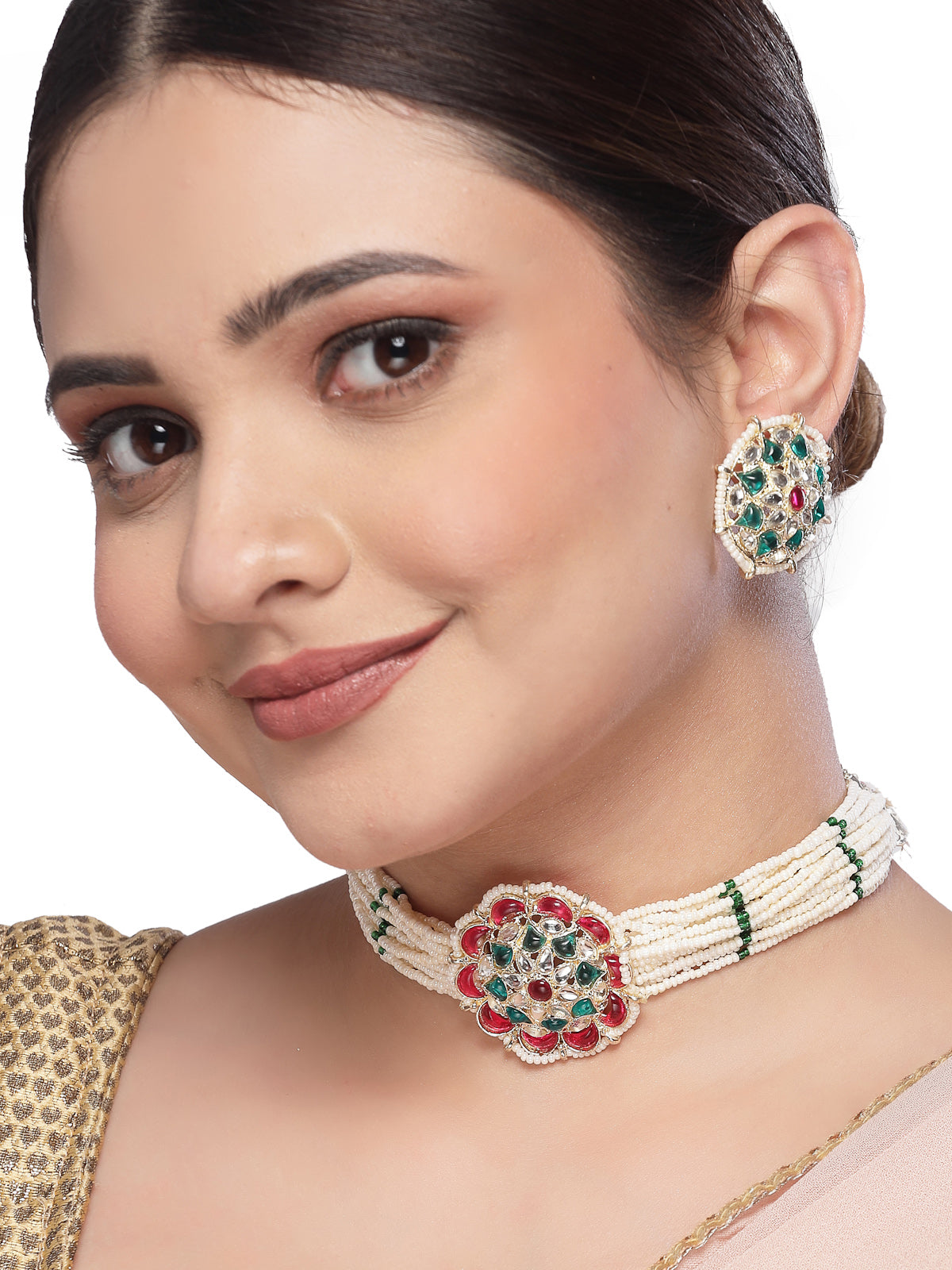 Sukkhi Classical Floral Multistrand Gold Plated Faux Beads with Meenakari Worked Multicolor Choker Necklace Set With Studs Earrings | Jewellery Set For Women And Girls | Latest Design|NS105977