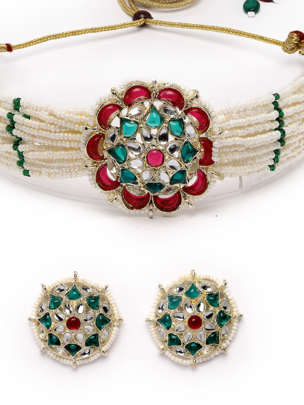 Sukkhi Classical Floral Multistrand Gold Plated Faux Beads with Meenakari Worked Multicolor Choker Necklace Set With Studs Earrings | Jewellery Set For Women And Girls | Latest Design|NS105977