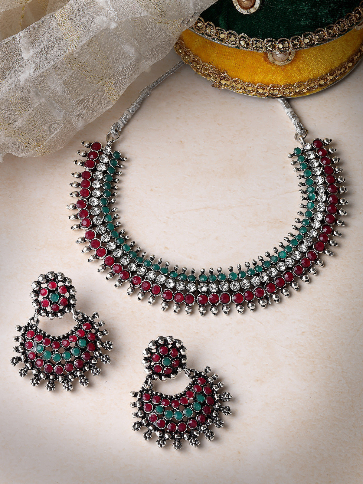Sukkhi Non Precious Base Metal Silver Oxidised Rhodium Plated Red & Green AD Stones Studded Choker Necklace Set with Chandbali Earrings|Jewellery Set for Women and Girls|Latest Design|NS105990