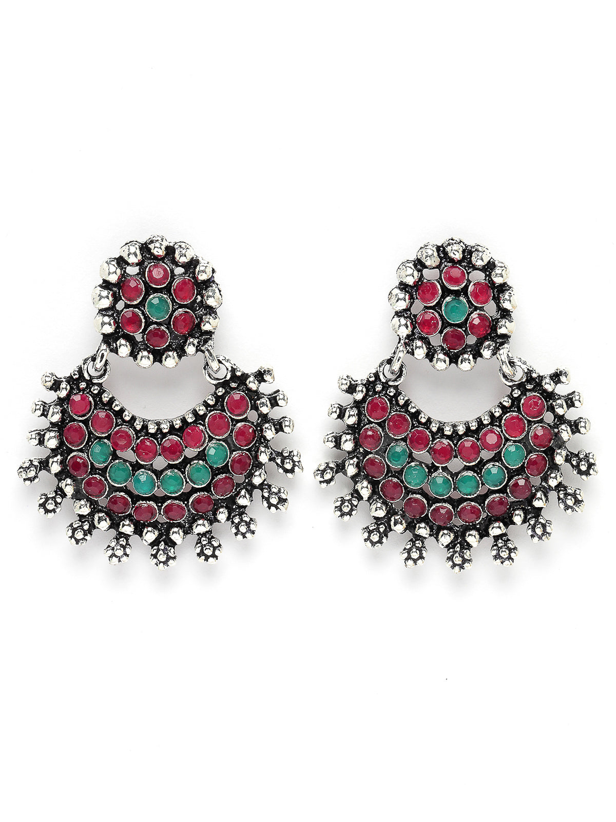 Sukkhi Non Precious Base Metal Silver Oxidised Rhodium Plated Red & Green AD Stones Studded Choker Necklace Set with Chandbali Earrings|Jewellery Set for Women and Girls|Latest Design|NS105990