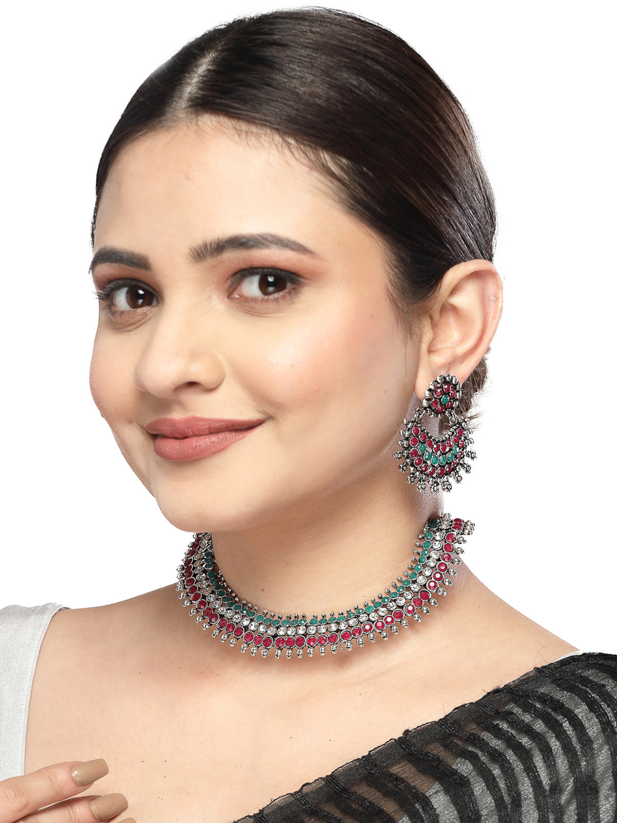 Sukkhi Non Precious Base Metal Silver Oxidised Rhodium Plated Red & Green AD Stones Studded Choker Necklace Set with Chandbali Earrings|Jewellery Set for Women and Girls|Latest Design|NS105990