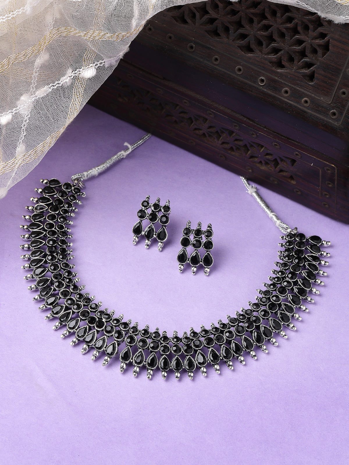 Sukkhi Fashionable Non Precious Base Metal Silver Oxidised Black AD Stones Studded Choker Necklace Set with Studs Earrings|Jewellery Set for Women and Girls|Latest Design|NS105991