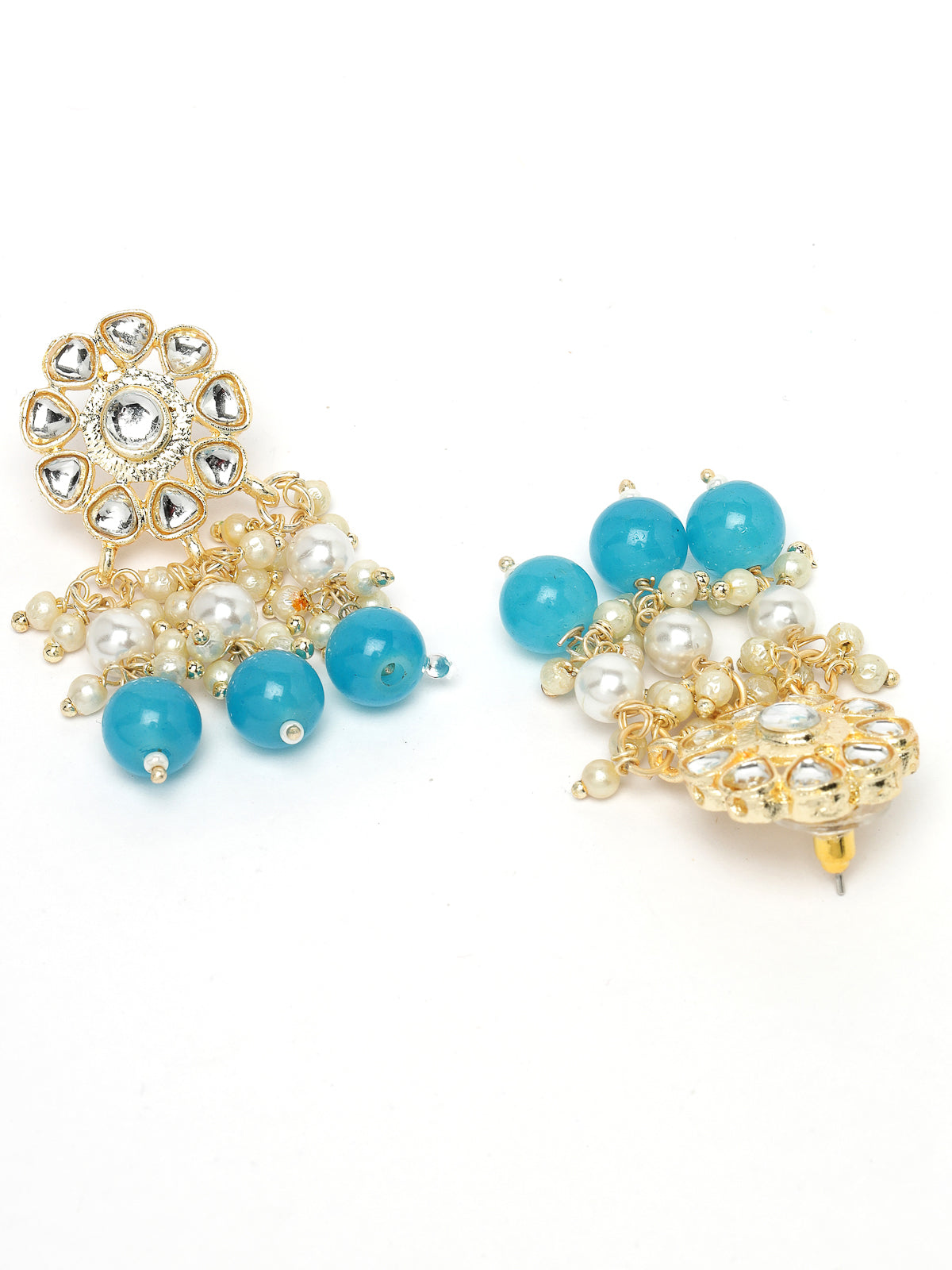 Sukkhi Beautiful Floral Gold Plated White AD Stones with Beads Studded Aqua Blue Collarbone Necklace Set With Dangler Earrings|Jewellery Set For Women And Girls|Latest Design|NS105994