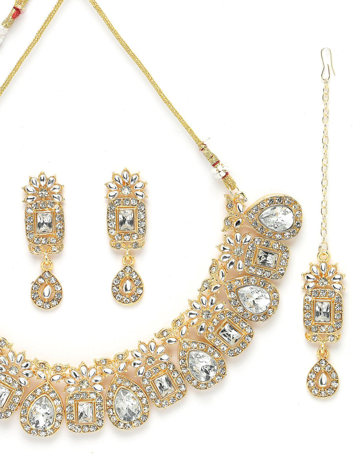 Sukkhi New Ethnic Fashionable Gold Plated White AD Stones Studded Drop with Squared Shaped Collarbone Necklace Set With Drop Earrings Maangtika|Jewellery Set For Women And Girls|Latest Design|NS105996