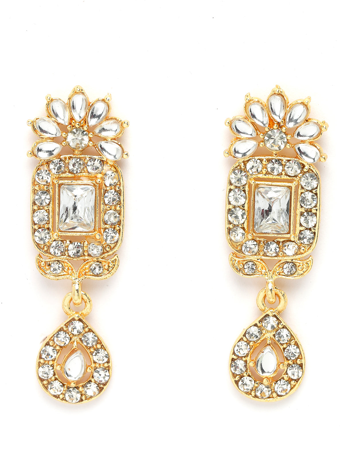 Sukkhi New Ethnic Fashionable Gold Plated White AD Stones Studded Drop with Squared Shaped Collarbone Necklace Set With Drop Earrings Maangtika|Jewellery Set For Women And Girls|Latest Design|NS105996