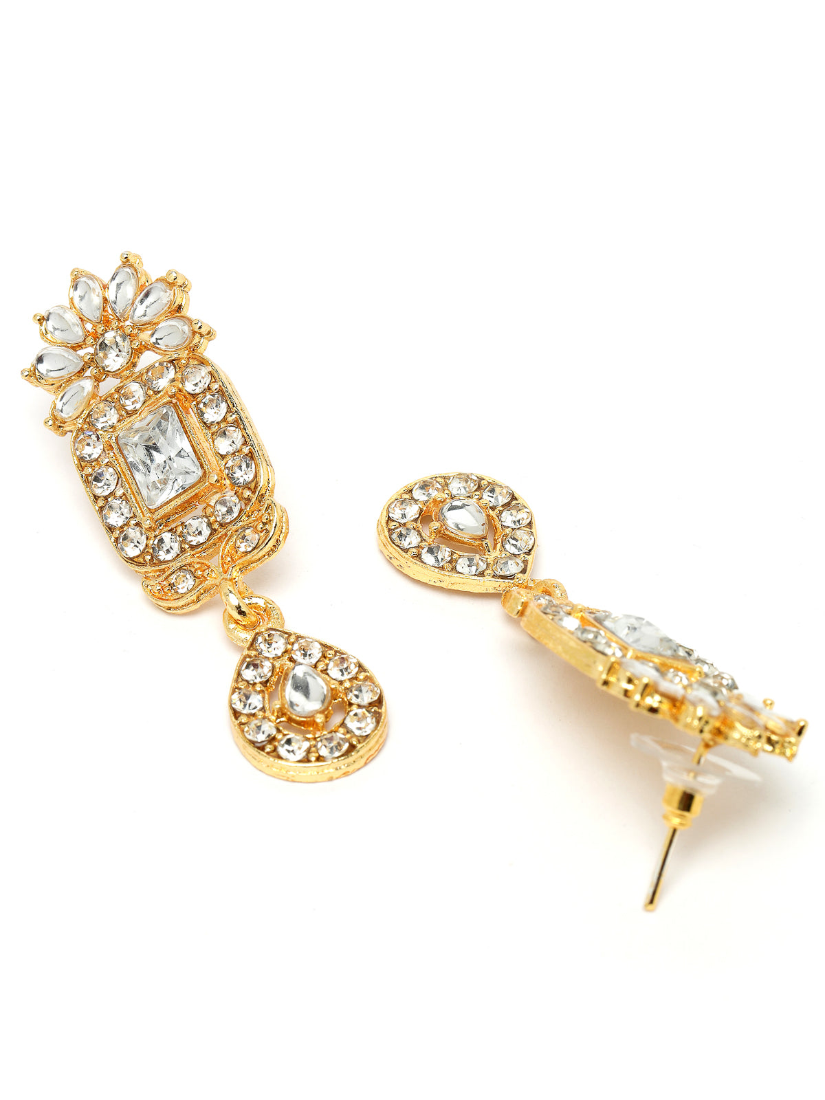 Sukkhi New Ethnic Fashionable Gold Plated White AD Stones Studded Drop with Squared Shaped Collarbone Necklace Set With Drop Earrings Maangtika|Jewellery Set For Women And Girls|Latest Design|NS105996