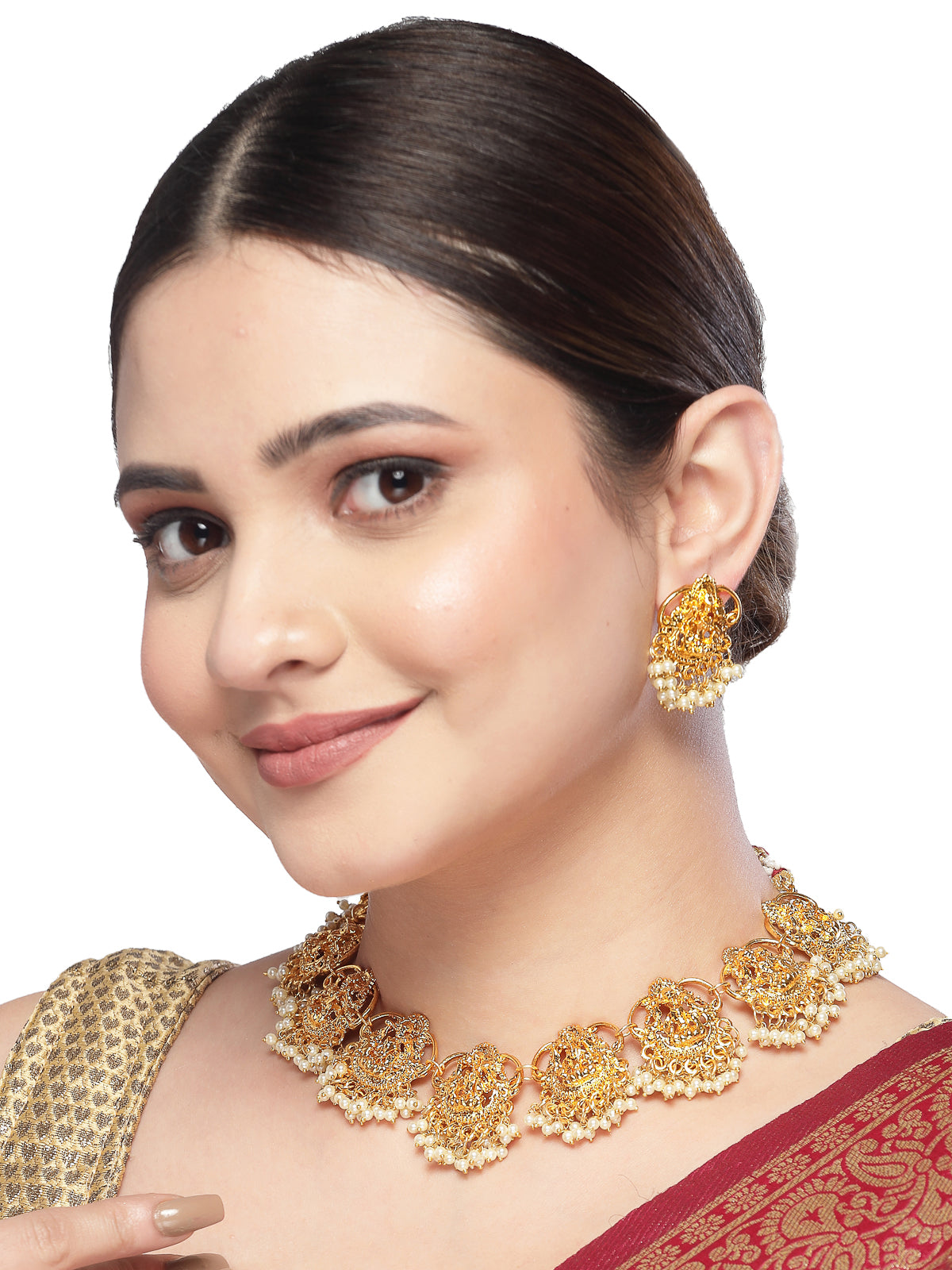 Sukkhi South Indian Temple Gold Plated White Beaded Collarbone Necklace Set with Studs Earrings|Jewellery Set for Women & Girls|Latest Design|NS106010