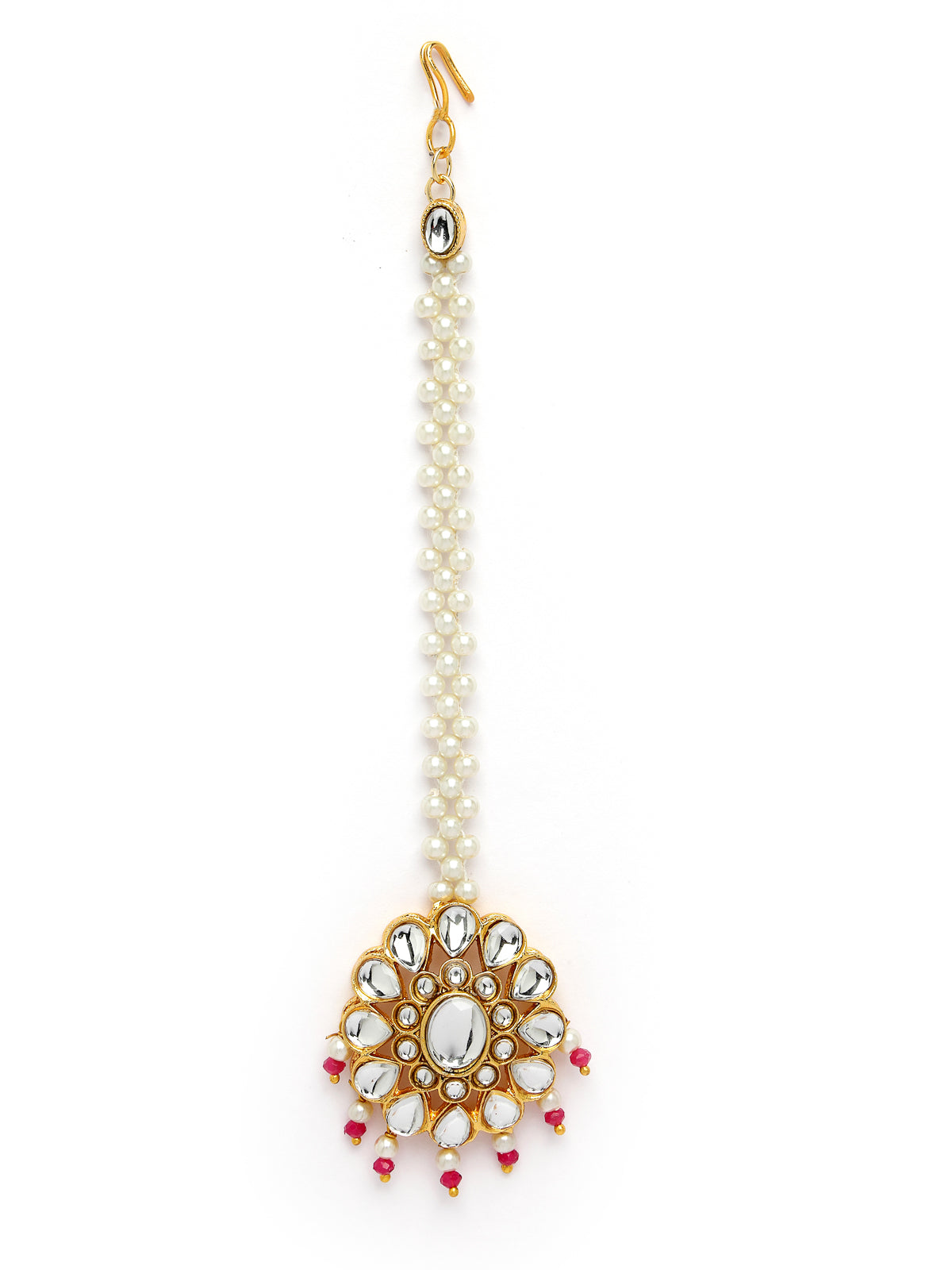 Sukkhi Pretty Pink Gold Tone White Pearls with Kundan Studded Choker Necklace Set with Floral Danger Earrings & Mangtikka Jewellery Set For Women & Girls|Set of 1|NS106043