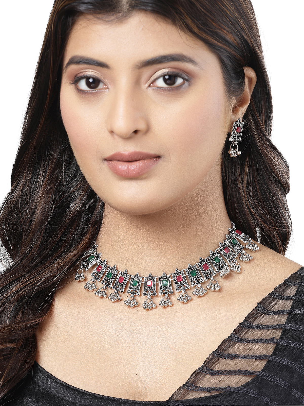 Sukkhi Charming Oxidised Rhodium Silver Plated Red Green Adjustable Choker Necklace Set with Studs Earrings Jewellery Set For Women & Girls|Set of 1|NS106047