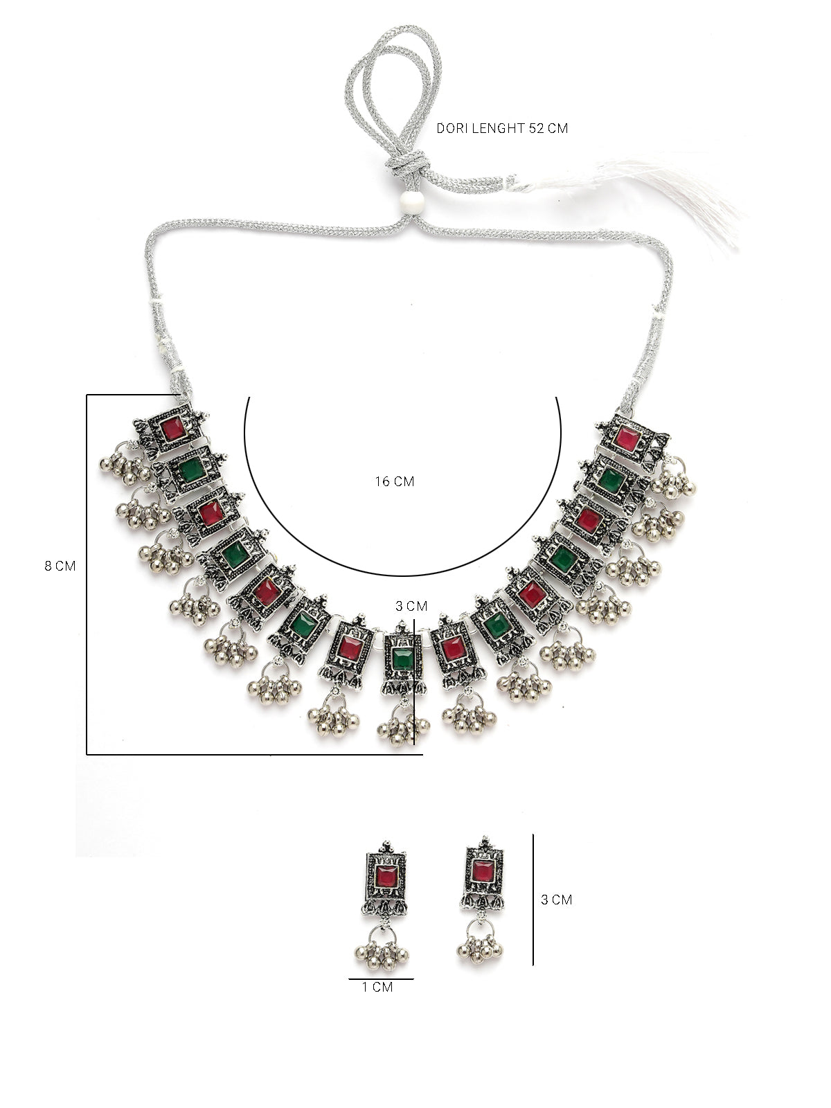 Sukkhi Charming Oxidised Rhodium Silver Plated Red Green Adjustable Choker Necklace Set with Studs Earrings Jewellery Set For Women & Girls|Set of 1|NS106047