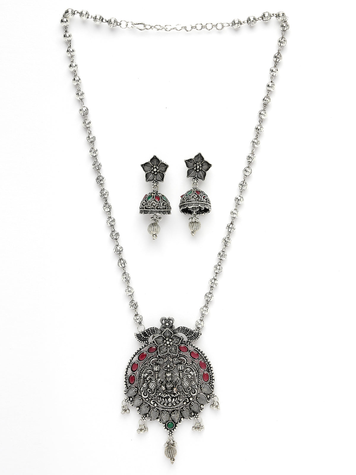 Sukkhi Vintage Ethnic Oxidesed Rhodium Silver Plated Red AD Stones Studded Long Ball Chain with Temple Pendant Necklace Set & Jhumki/Jhumka Earring Jewellery Set For Women & Girls|Set of 1|NS106048