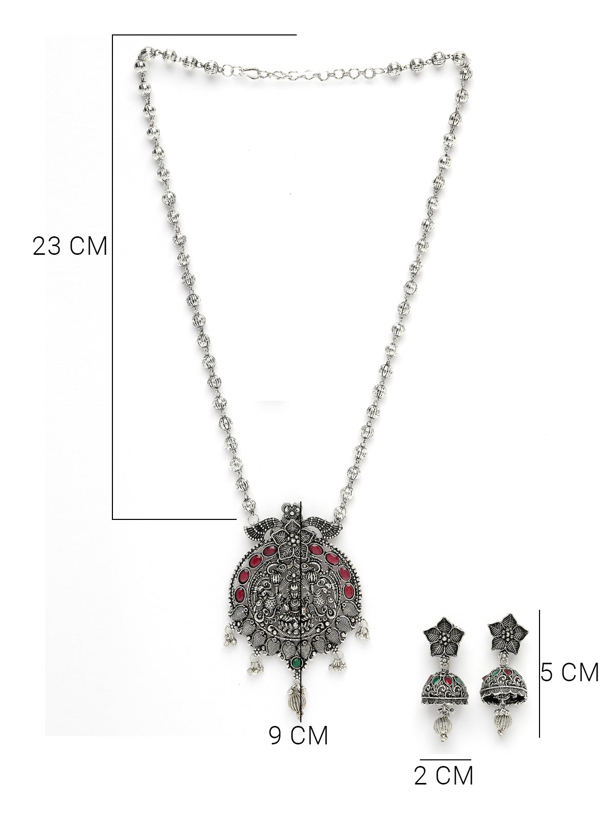 Sukkhi Vintage Ethnic Oxidesed Rhodium Silver Plated Red AD Stones Studded Long Ball Chain with Temple Pendant Necklace Set & Jhumki/Jhumka Earring Jewellery Set For Women & Girls|Set of 1|NS106048