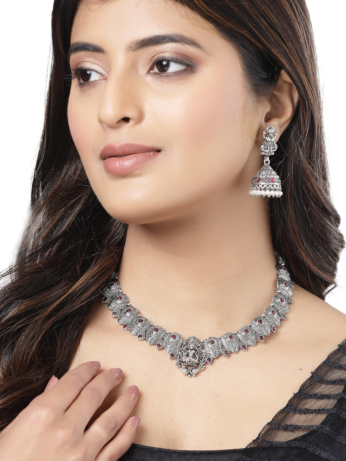 Sukkhi Classic-Inspired Oxidised German Silver Plated With Red AD Stones Studded Temple Choker Necklace Set with Jhumki/Jhumka Earrings Jewellery Set For Women & Girls| Set of 1|NS106051