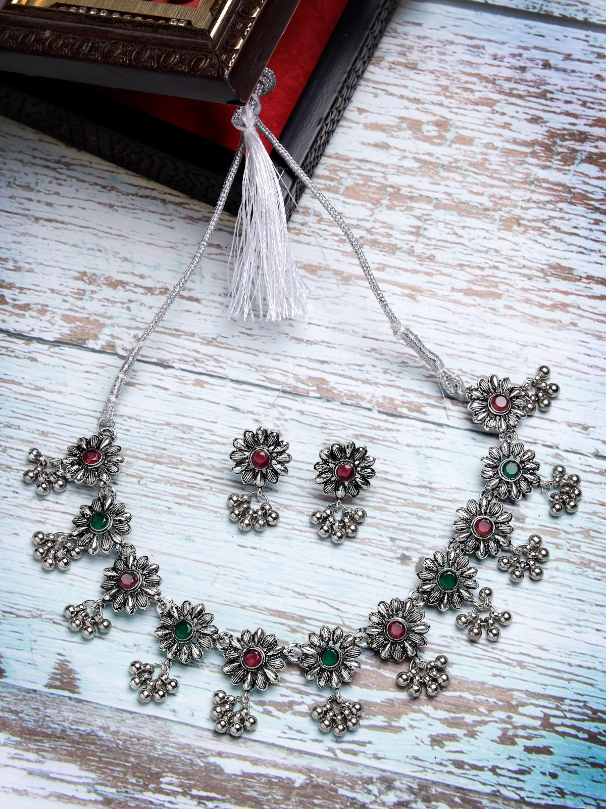 Sukkhi Classical Floral Shaped Oxidised Silver Plated Red & Green AD Stones Choker Necklace with Studs Earring For Women & Girls|Set of 1|NS106052