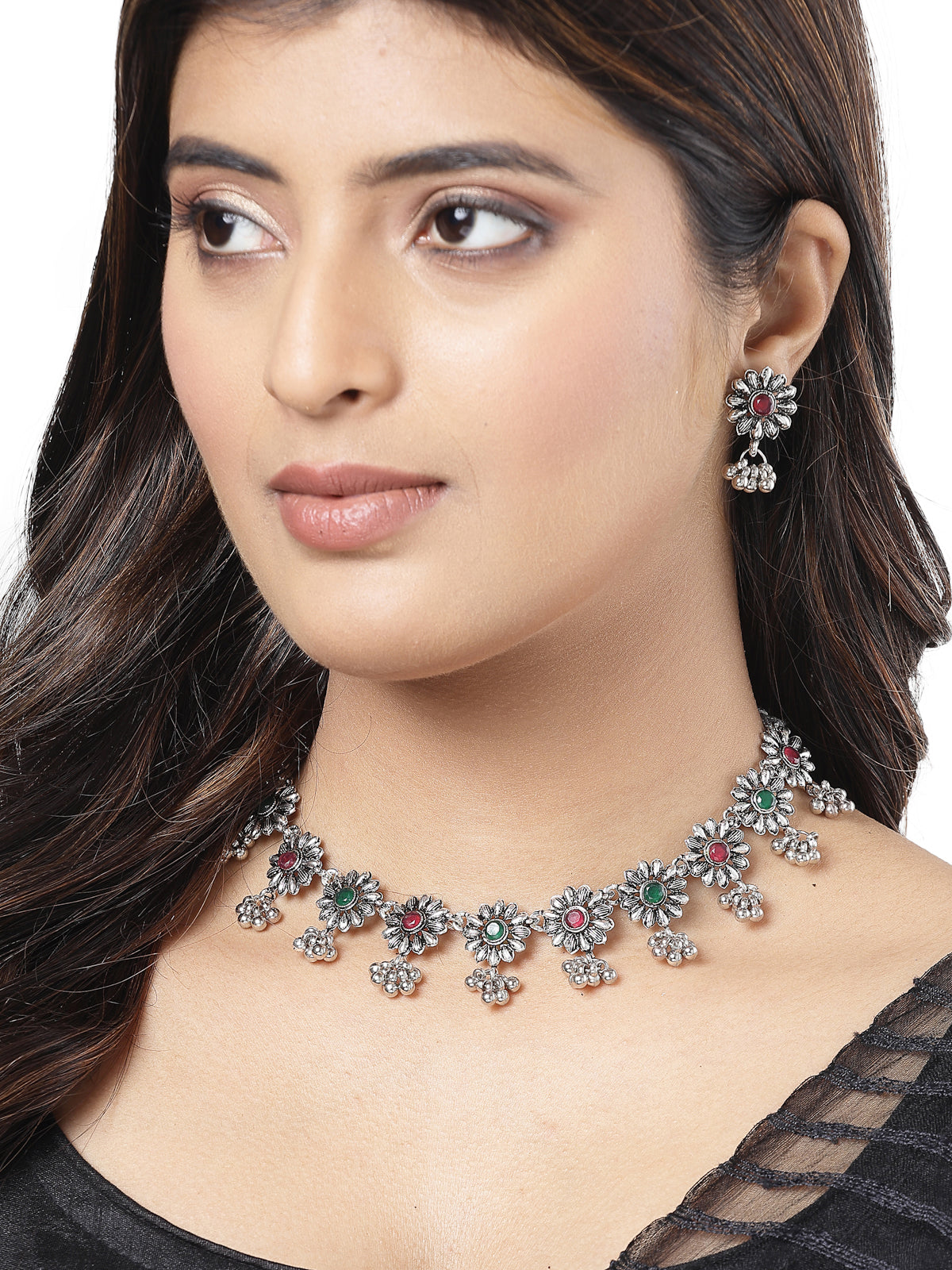 Sukkhi Classical Floral Shaped Oxidised Silver Plated Red & Green AD Stones Choker Necklace with Studs Earring For Women & Girls|Set of 1|NS106052