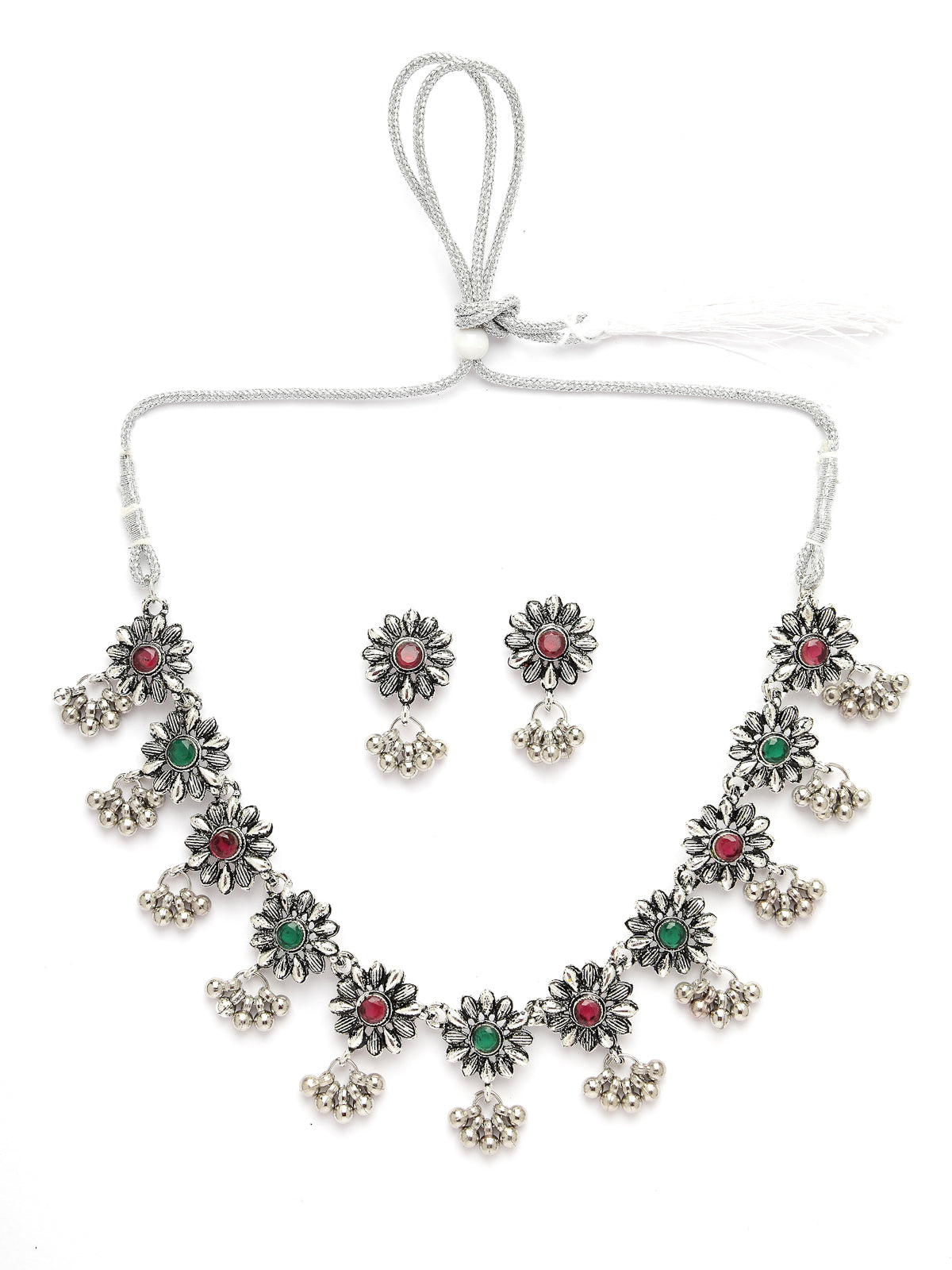 Sukkhi Classical Floral Shaped Oxidised Silver Plated Red & Green AD Stones Choker Necklace with Studs Earring For Women & Girls|Set of 1|NS106052