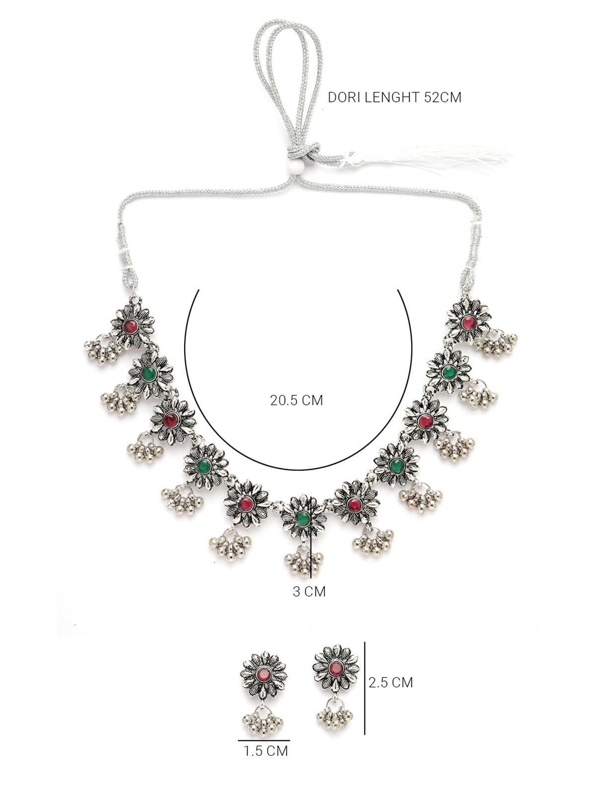 Sukkhi Classical Floral Shaped Oxidised Silver Plated Red & Green AD Stones Choker Necklace with Studs Earring For Women & Girls|Set of 1|NS106052