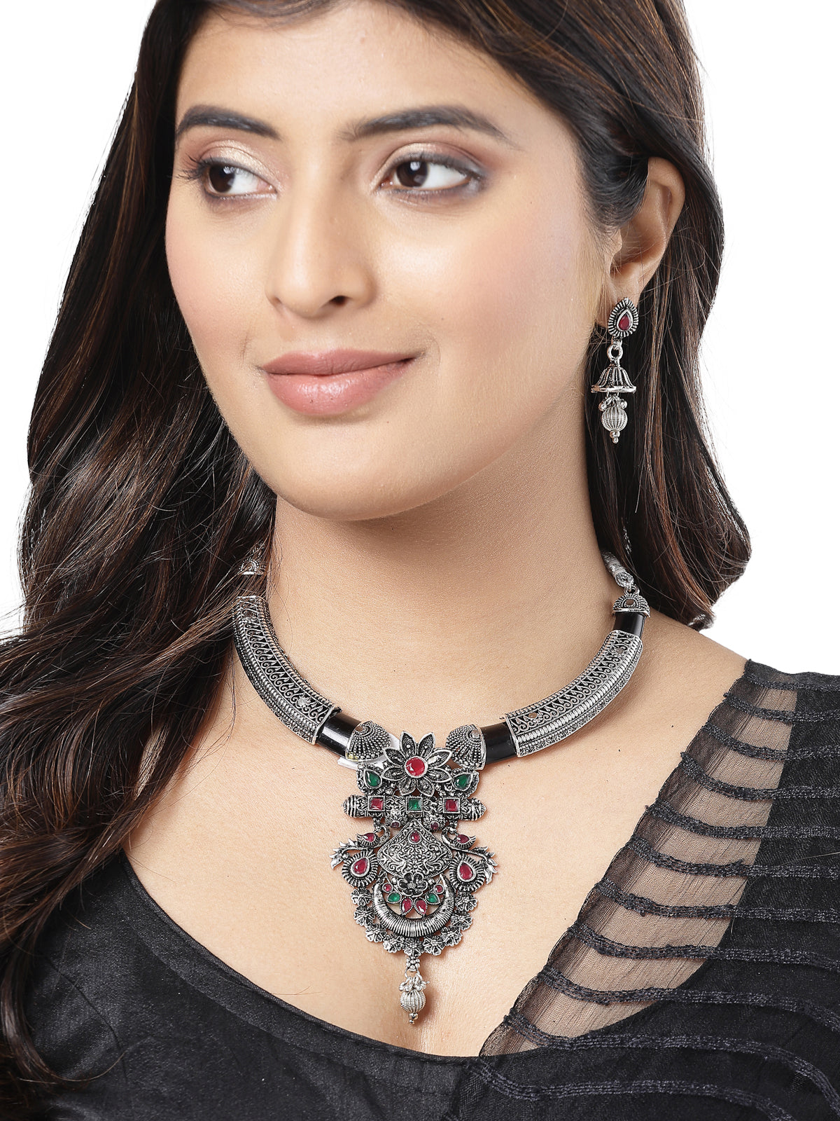 Sukkhi Unique Oxidised Floral Style Silver Plated Black Choker Hasli Necklace Set with Jhumki/Jhumka Earring Jewellery Set For Women & Girls|Set of 1|NS106053