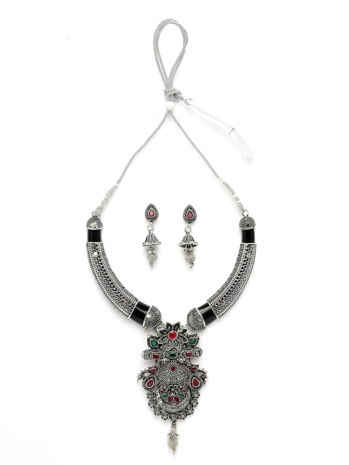 Sukkhi Unique Oxidised Floral Style Silver Plated Black Choker Hasli Necklace Set with Jhumki/Jhumka Earring Jewellery Set For Women & Girls|Set of 1|NS106053