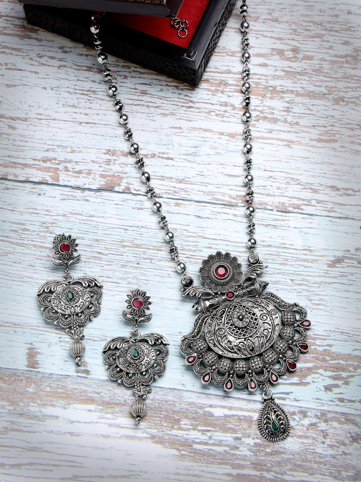 Sukkhi Beautiful Oxidised Silver Plated Red AD Stones Studded Long Ball Chain with Floral Pendant Necklace Set With Dangler Earring Jewellery Set For Women & Girls|Set of 1|NS106055