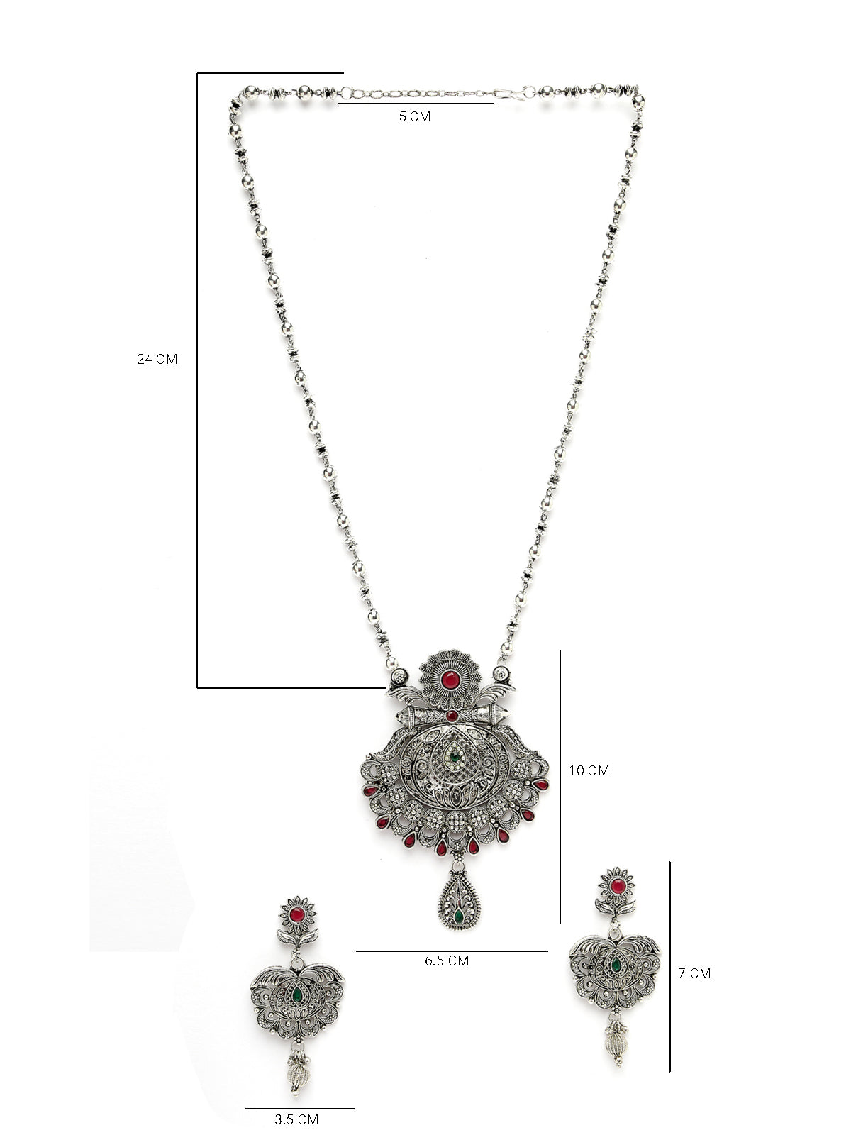 Sukkhi Beautiful Oxidised Silver Plated Red AD Stones Studded Long Ball Chain with Floral Pendant Necklace Set With Dangler Earring Jewellery Set For Women & Girls|Set of 1|NS106055