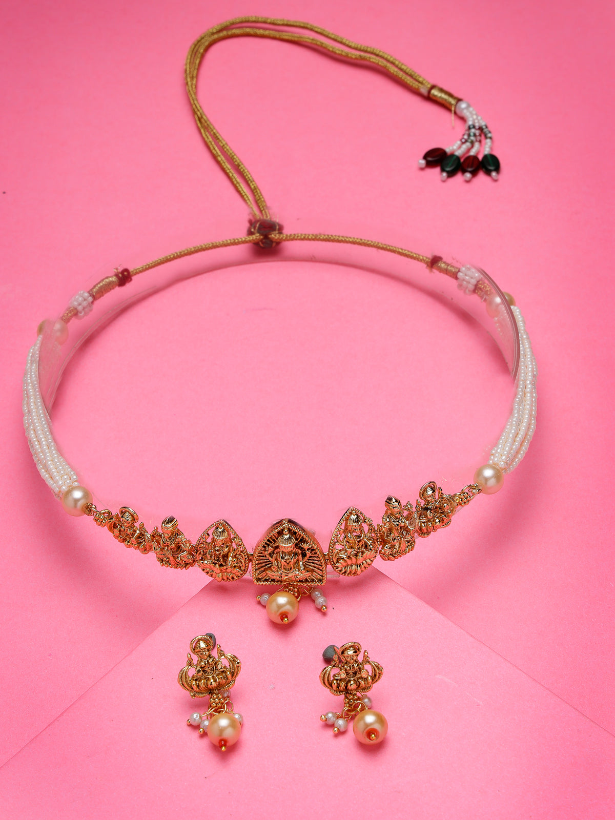 Sukkhi Ethnic Gold Plated Multistrand With White Beads Temple Choker Necklace Set with Drop Earring Jewellery Set For Women & Girls|Set of 1|NS106064