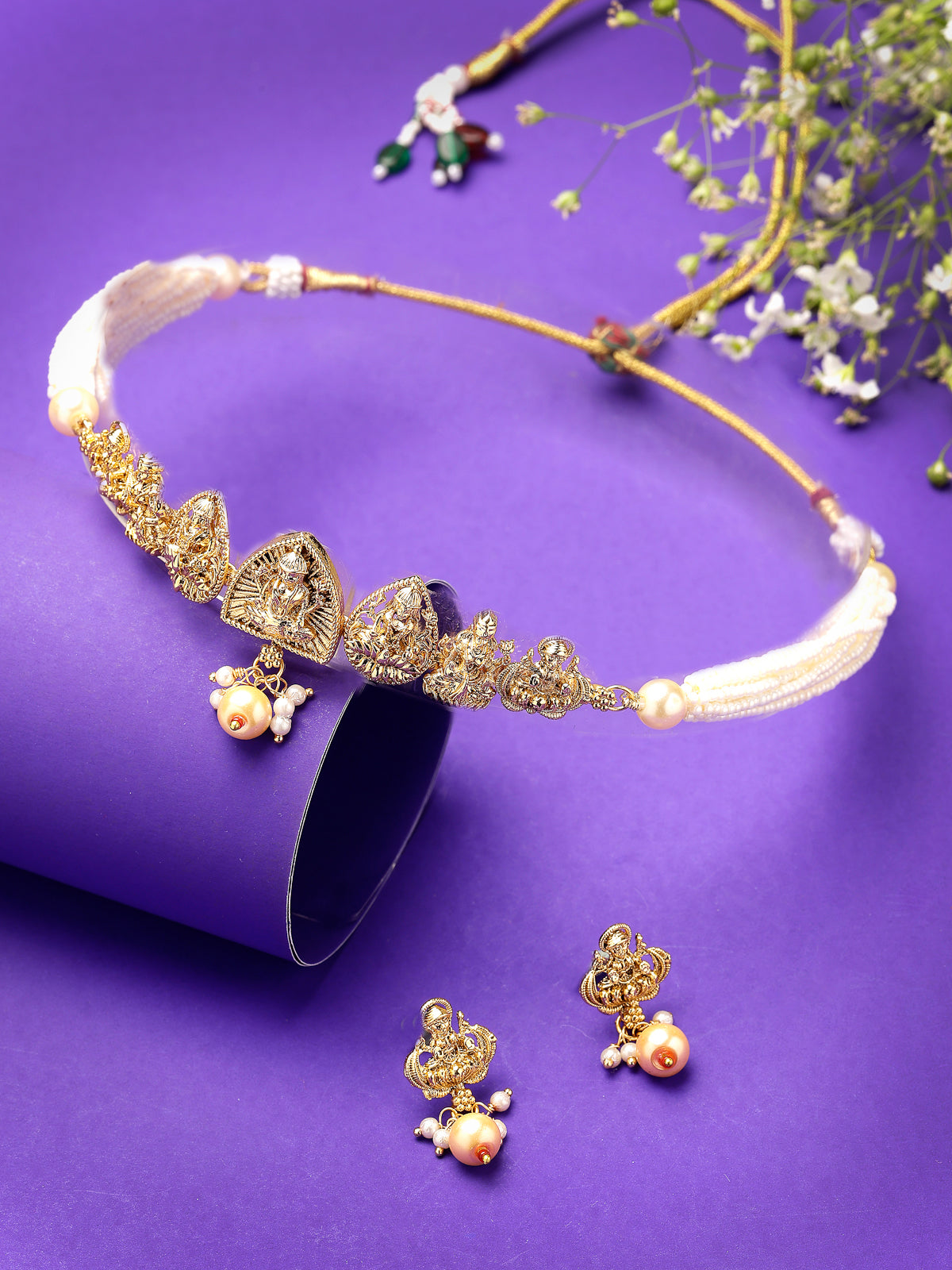 Sukkhi Ethnic Gold Plated Multistrand With White Beads Temple Choker Necklace Set with Drop Earring Jewellery Set For Women & Girls|Set of 1|NS106064