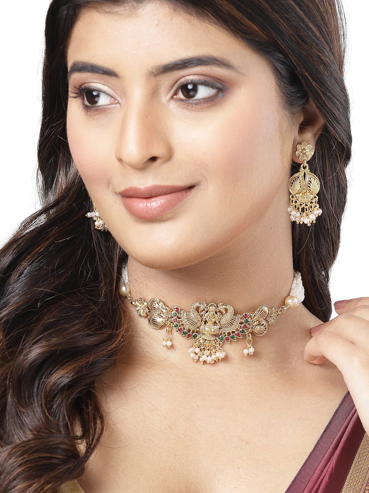 Sukkhi Classical Gold Plated Multistrand With Red Green AD Stones Studded Temple Choker Necklace Set with Dangler Earring Jewellery Set For Women & Girls|Set of 1|NS106065