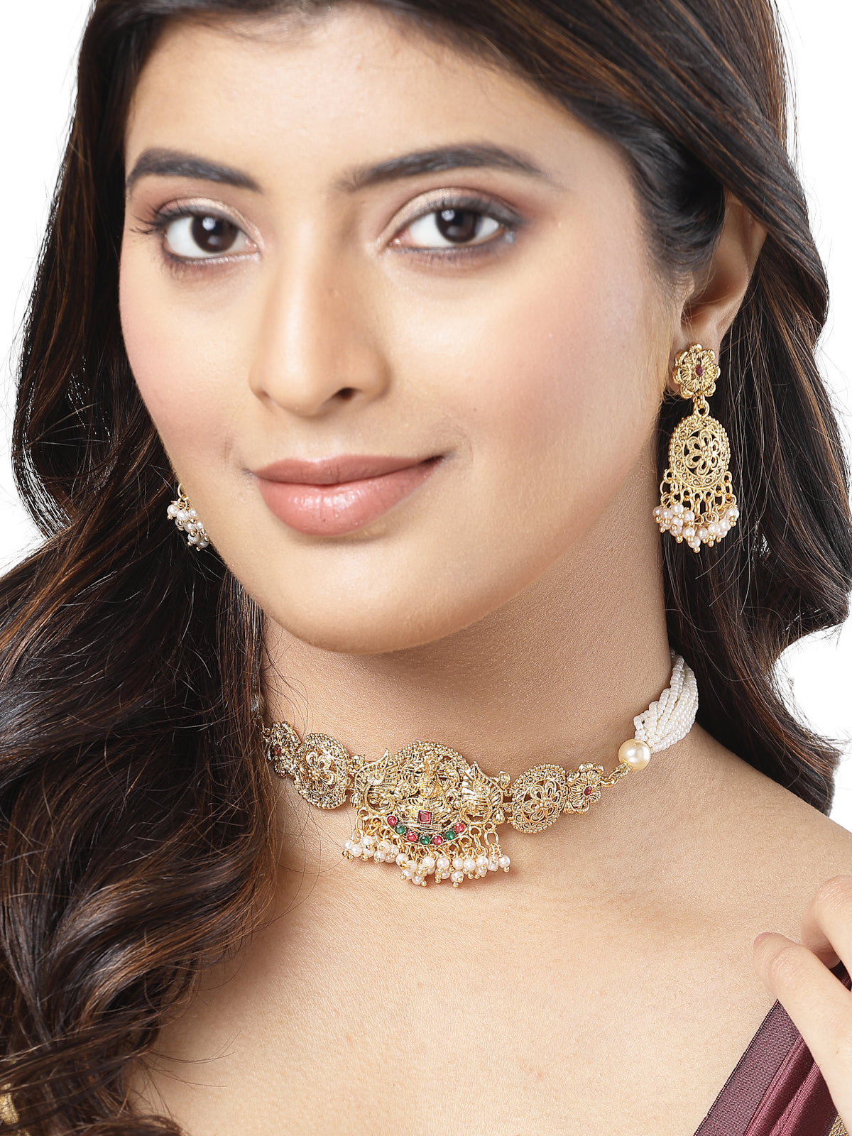 Sukkhi Traditional Gold Plated Multistrand With Red Green AD Stones Studded Temple Choker Necklace Set with Dangler Earring Jewellery Set For Women & Girls|Set of 1|NS106067