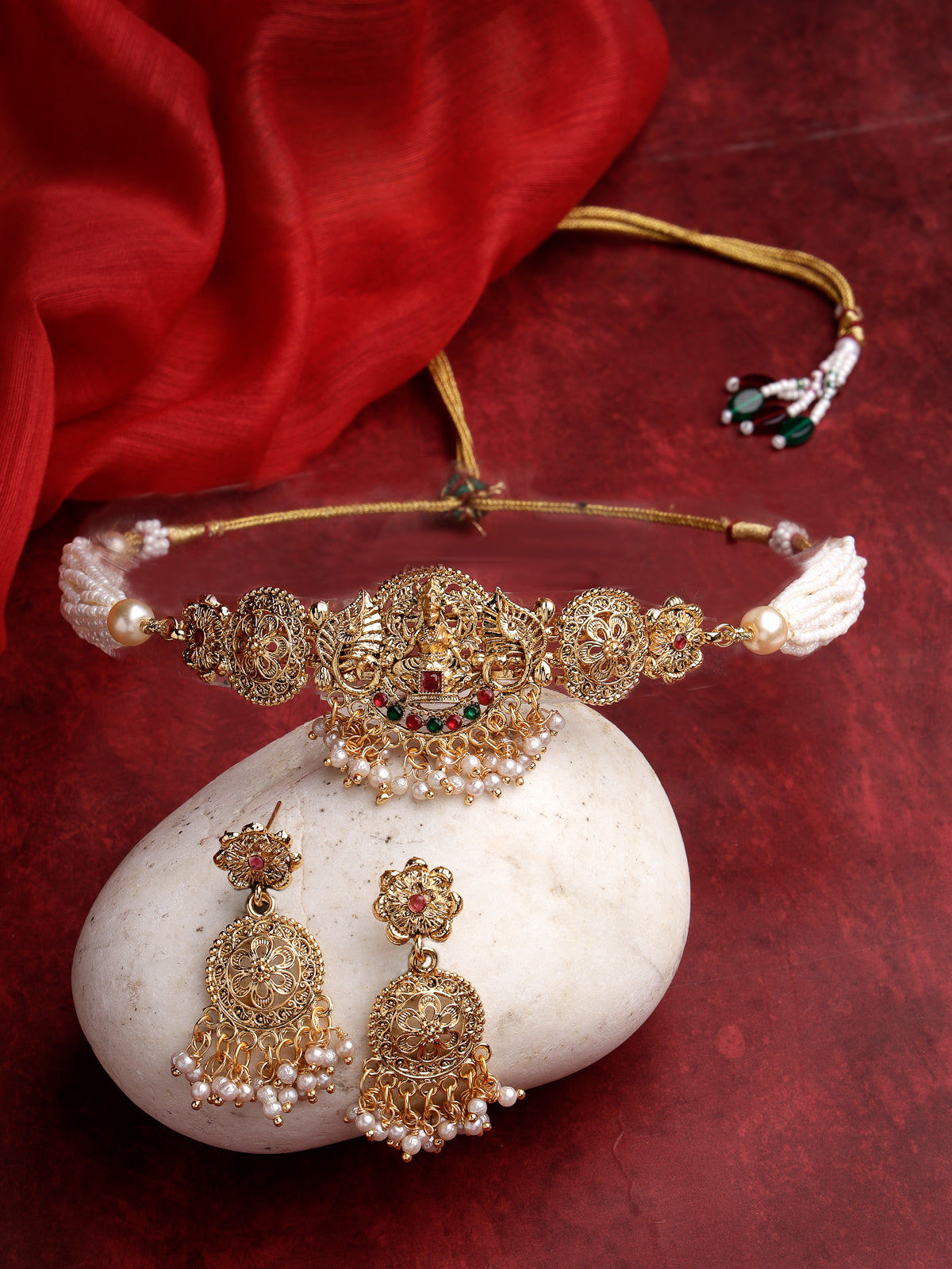 Sukkhi Traditional Gold Plated Multistrand With Red Green AD Stones Studded Temple Choker Necklace Set with Dangler Earring Jewellery Set For Women & Girls|Set of 1|NS106067