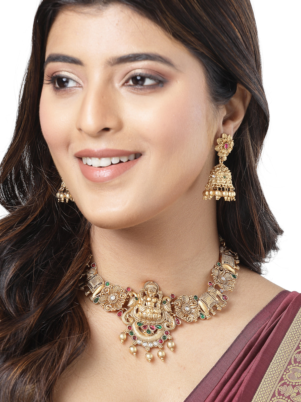 Sukkhi Classic Traditional Gold Plated Temple Choker Necklace Set with Jhumka/Jhumki Earrings Jewellery Set For Women||NS106075