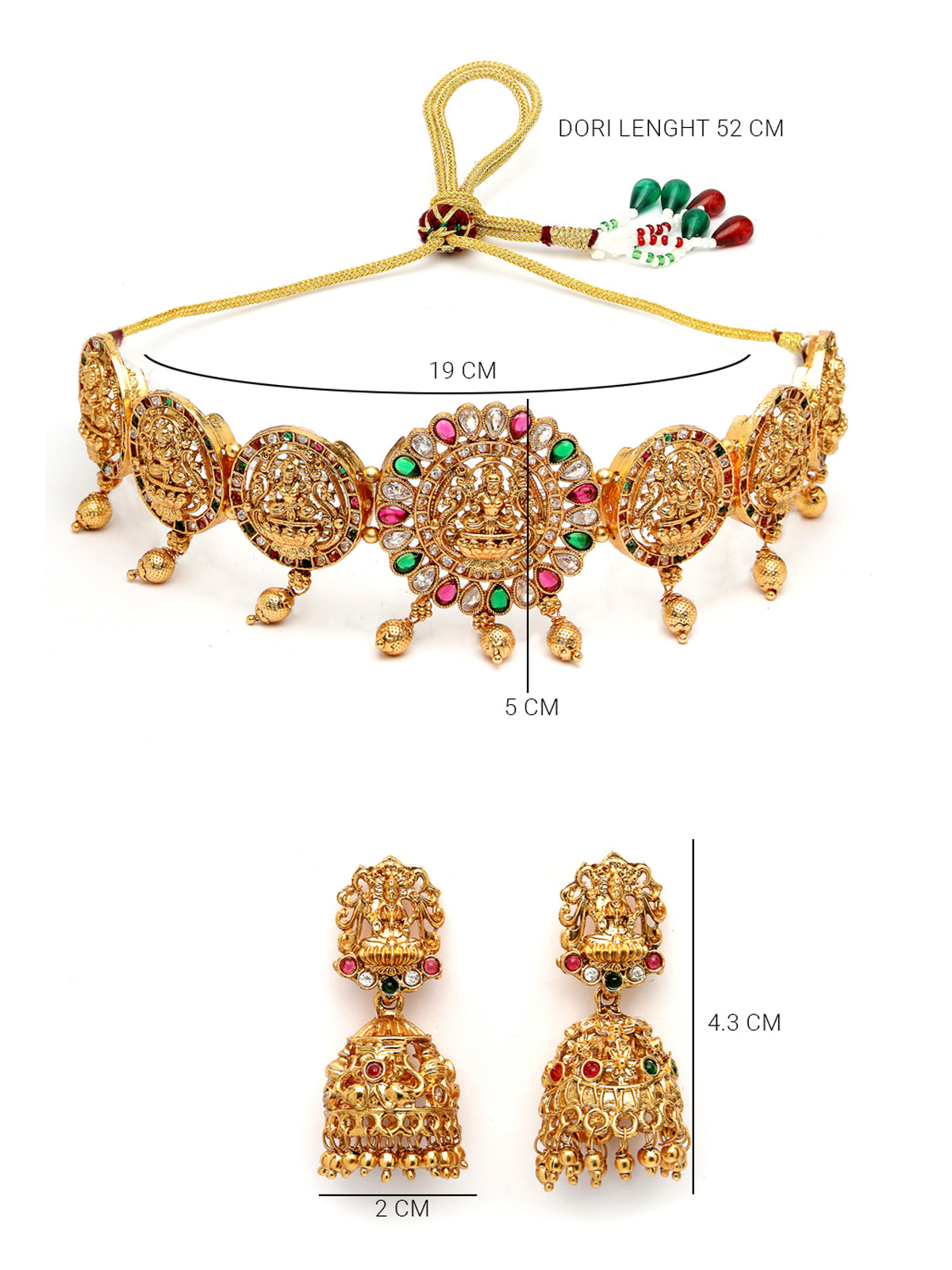 Sukkhi Cultivated Gold Plated Red Green AD Stones Studded Temple Gold Choker Necklace Set with Jhumki/Jhumka Earrings Jewellery Set For Women & Girls|NS106077