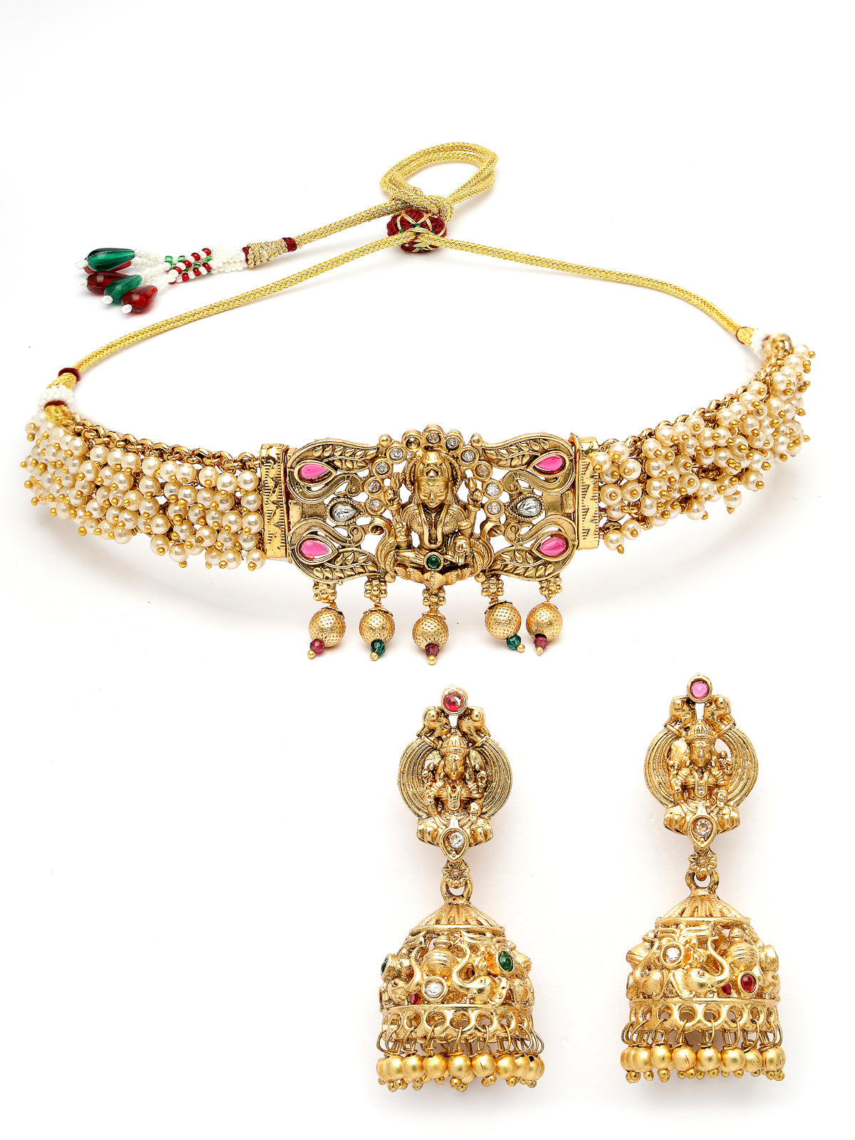 Sukkhi Classic Traditional Gold Plated with off White Pearls Temple Choker Necklace Set with Jhumka/Jhumki Earrings Jewellery Set For Women||NS106078