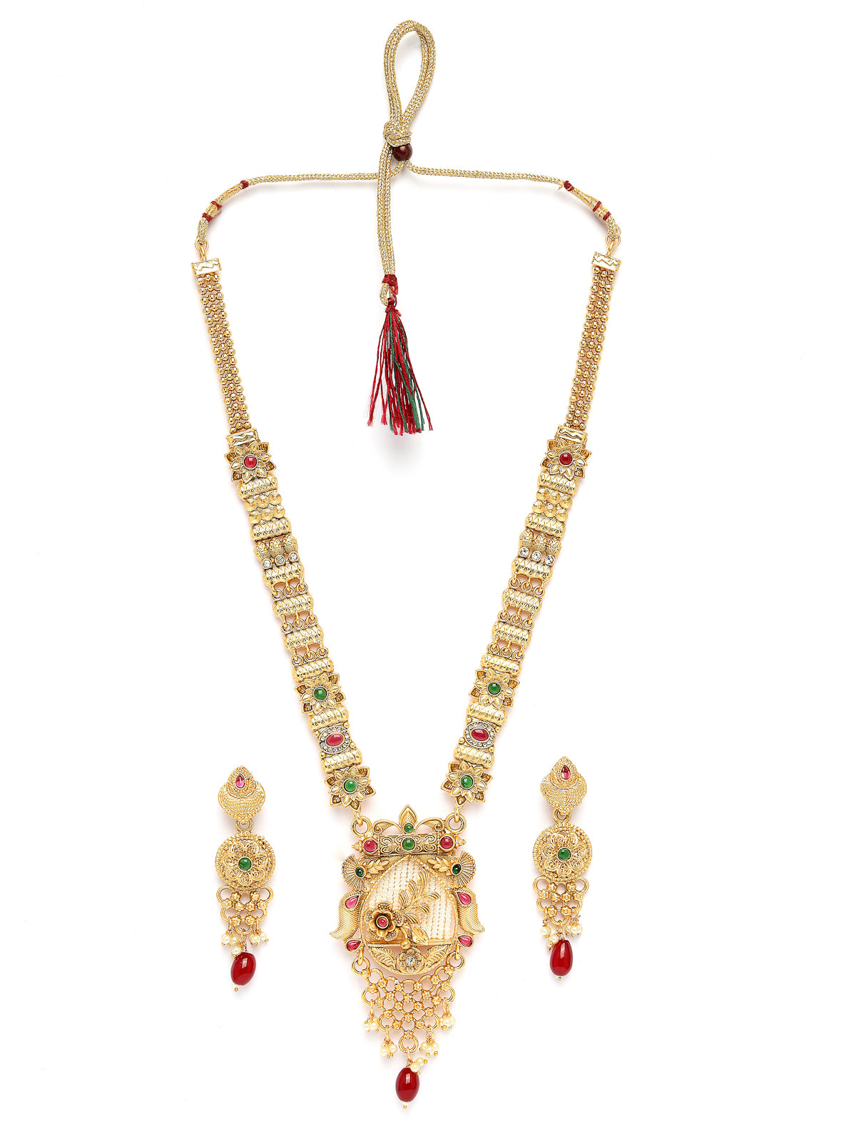 Sukkhi Artistic Gold Plated Floral Gold Haram Designs Long Necklace Set with Dangler Earrings Jewellery Set For Women & Girls|Set of 1|NS106086
