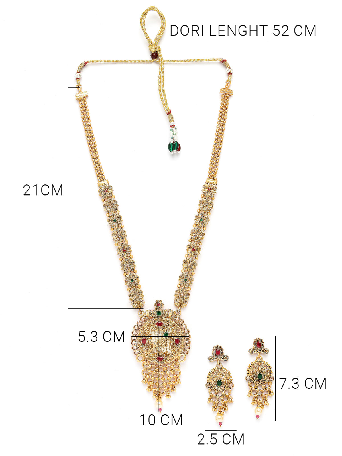 Sukkhi Heavy Look Gold Plated Red Green AD Stones Studded Floral Gold Haram Designs Long Necklace Set with Dangler Earrings Jewellery Set For Women & Girls|Set of 1|NS106087