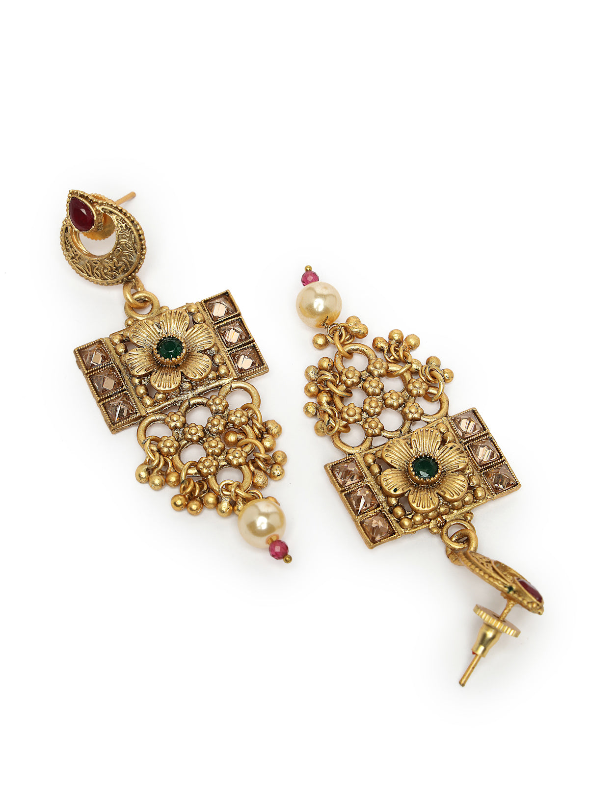 Sukkhi Latest Collection Gold Plated Red Green AD Stones Studded Floral Gold Haram Designs Long Necklace Set with Dangler Earrings Jewellery Set For Women & Girls|NS106090